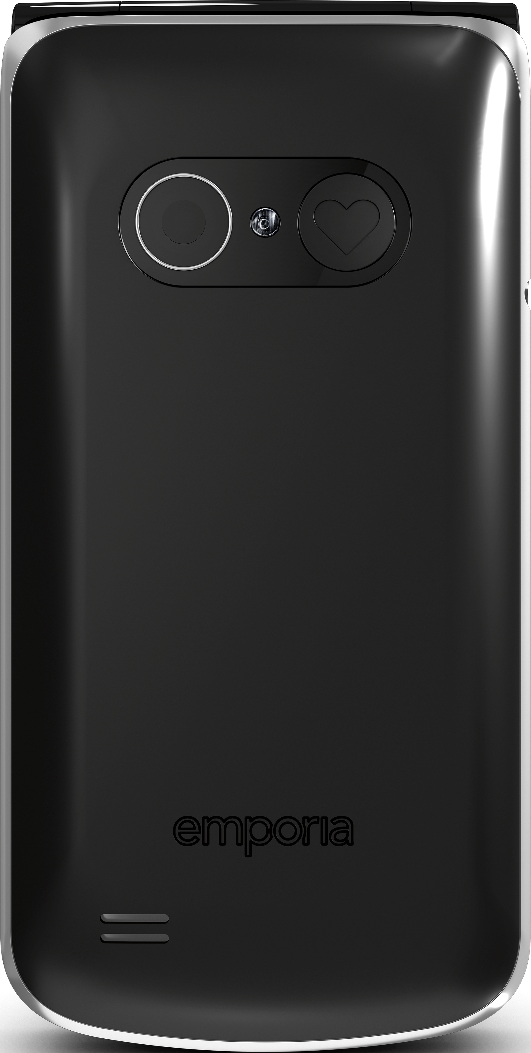 Schwarze Telefonrückseite mit Kamera, Blitz, Herz-Taste und Emporia-Logo.