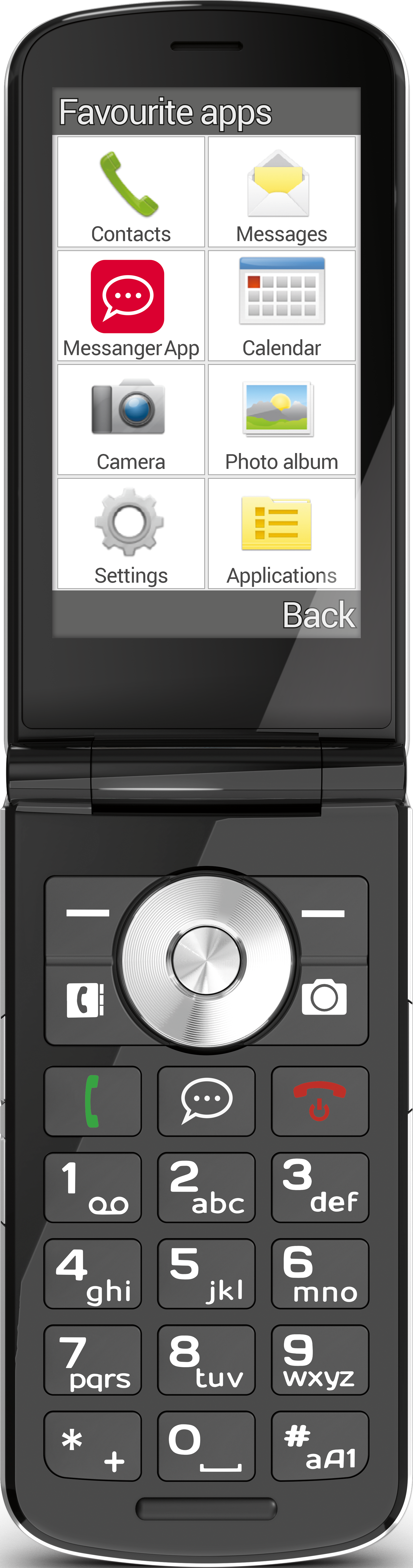 Schwarzes Klapphandy mit Touchscreen. Zeigt Lieblings-Apps wie Kontakte, Nachrichten und Kamera.