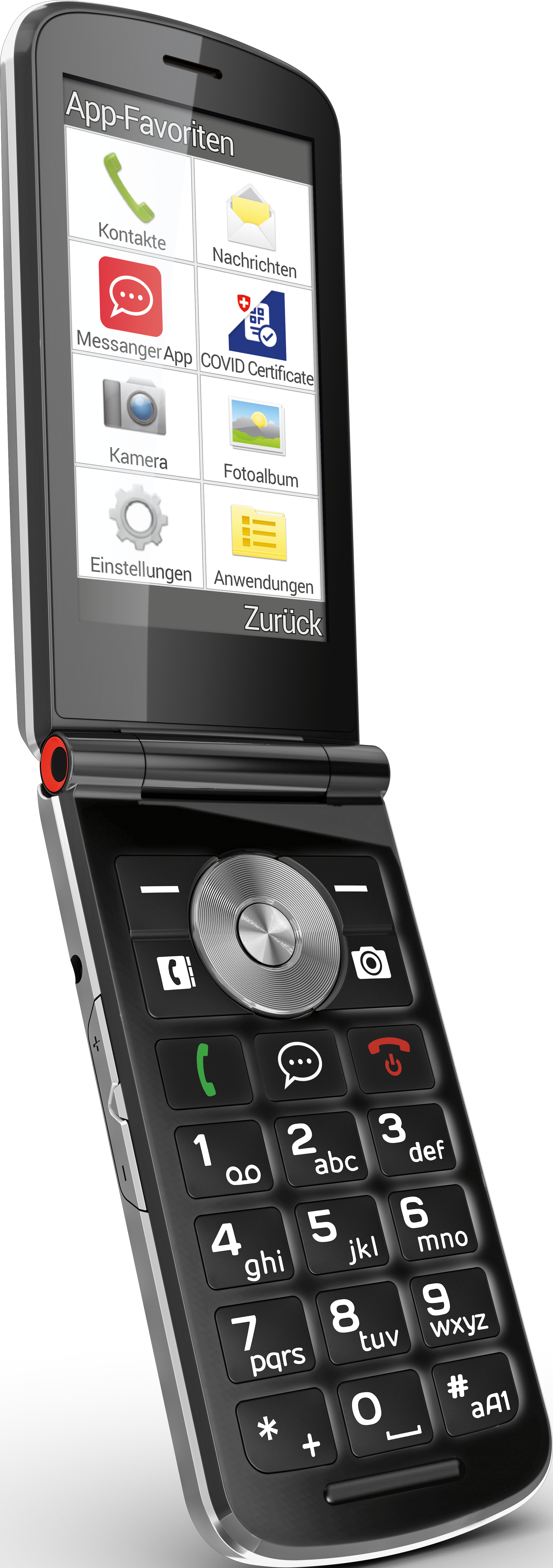Ein schwarzes Klapphandy ist geöffnet und zeigt App-Symbole auf dem Bildschirm.