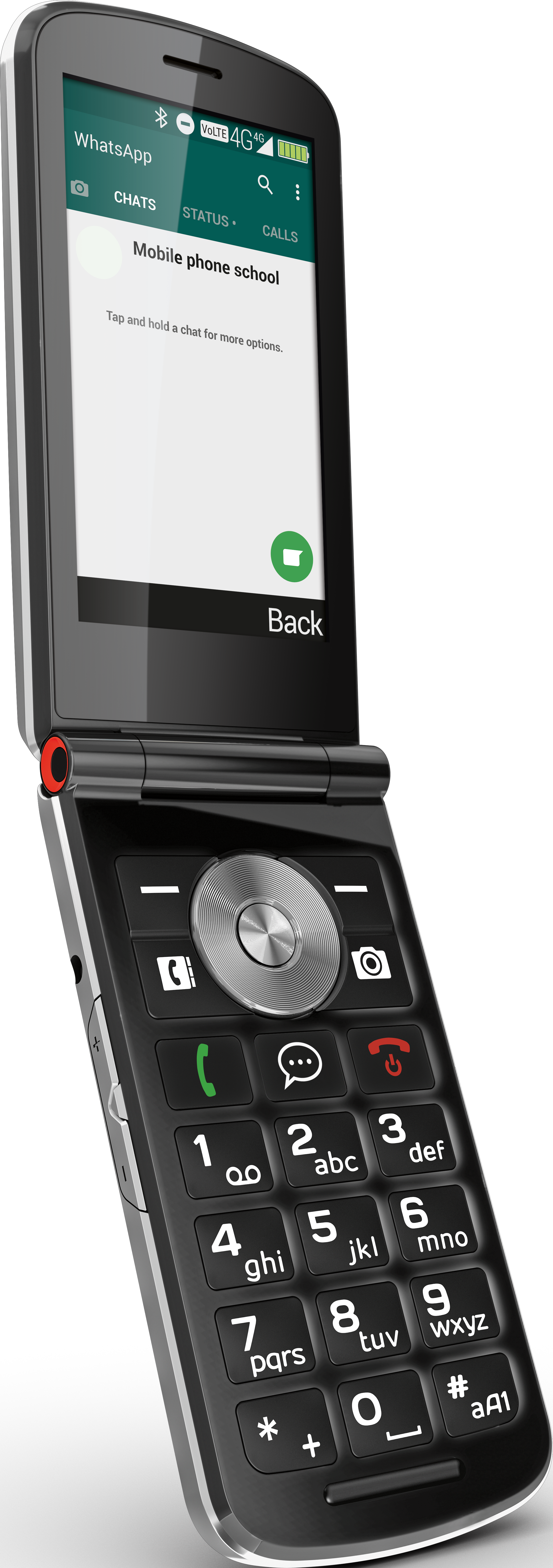 Schwarzes Klapphandy geöffnet. Zeigt einen WhatsApp-Bildschirm. Ziffernblock unten.