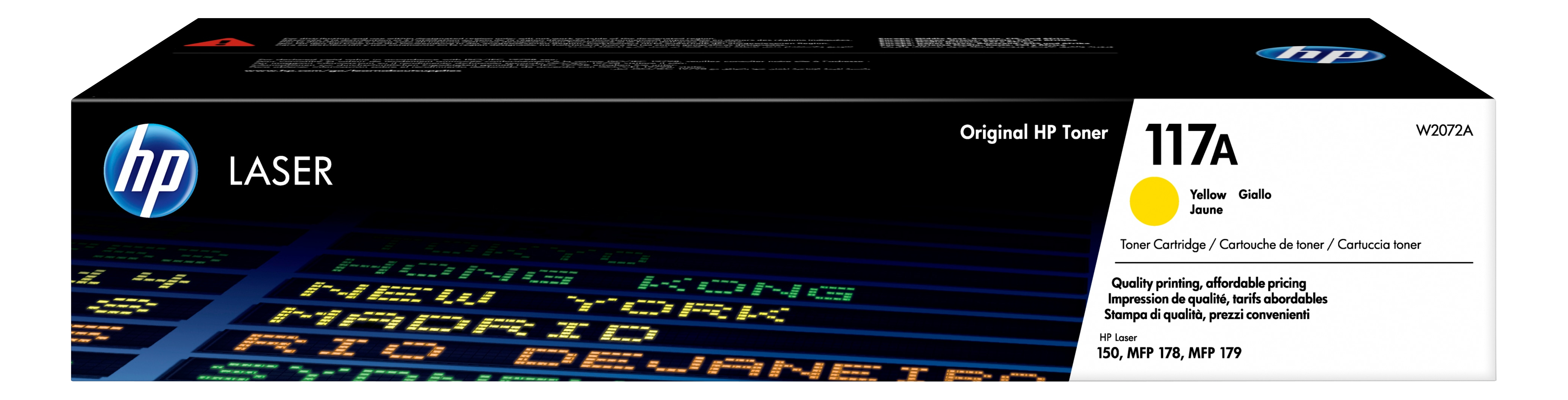 Scatola toner HP con il logo HP. Contiene toner giallo, con info e messaggio di qualità.