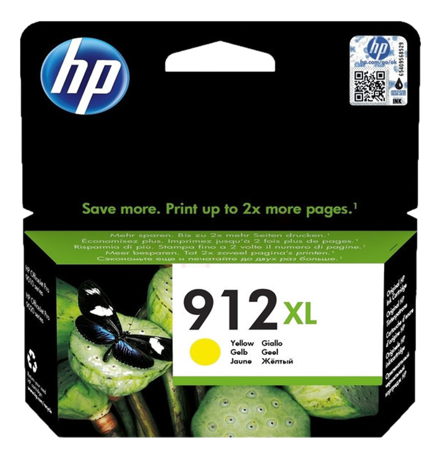 Una scatola di cartucce d'inchiostro HP 912XL con un'immagine di farfalla e fiore di loto.