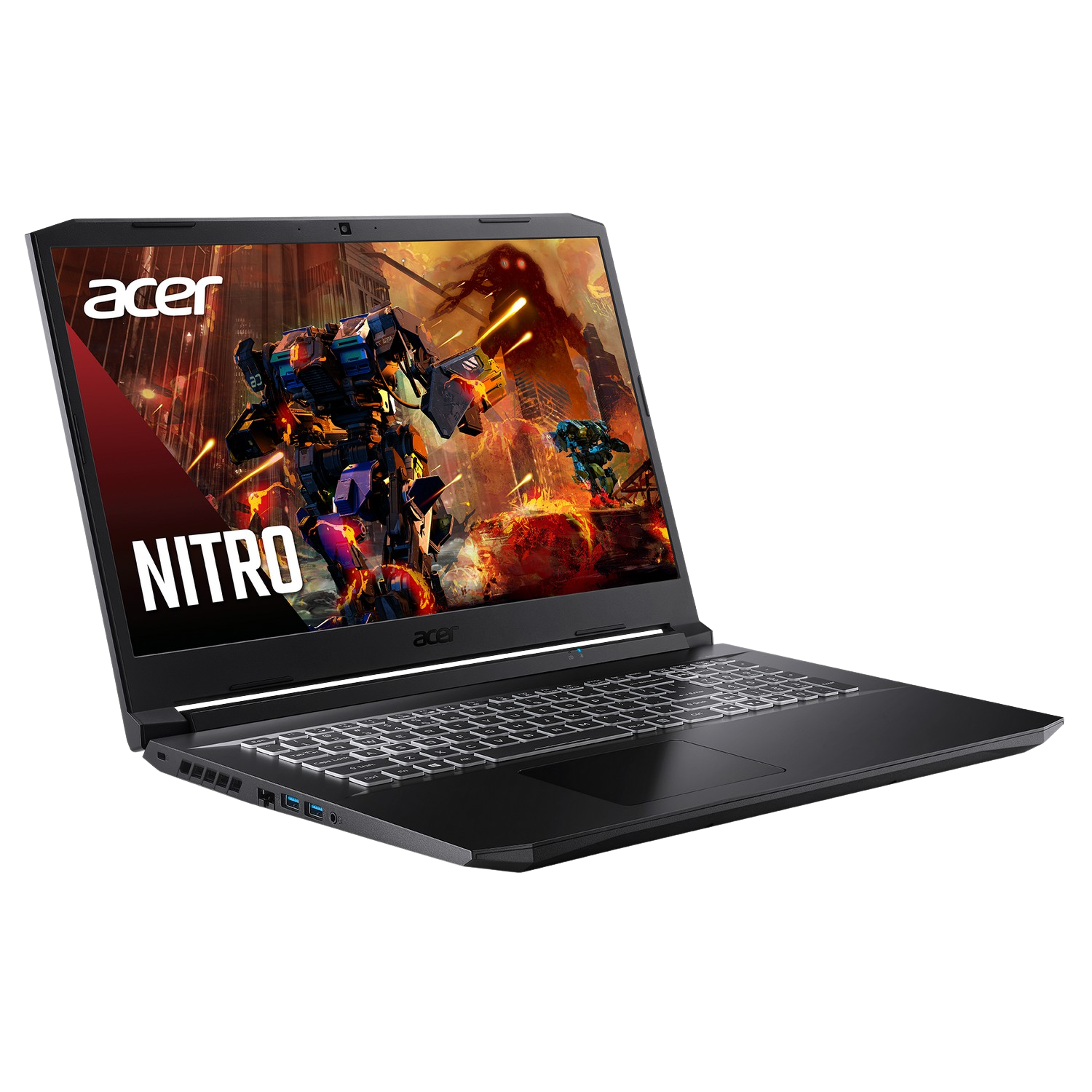 Portátil Acer Nitro negro que muestra una escena de videojuego con un robot. Logotipo de Acer visible.