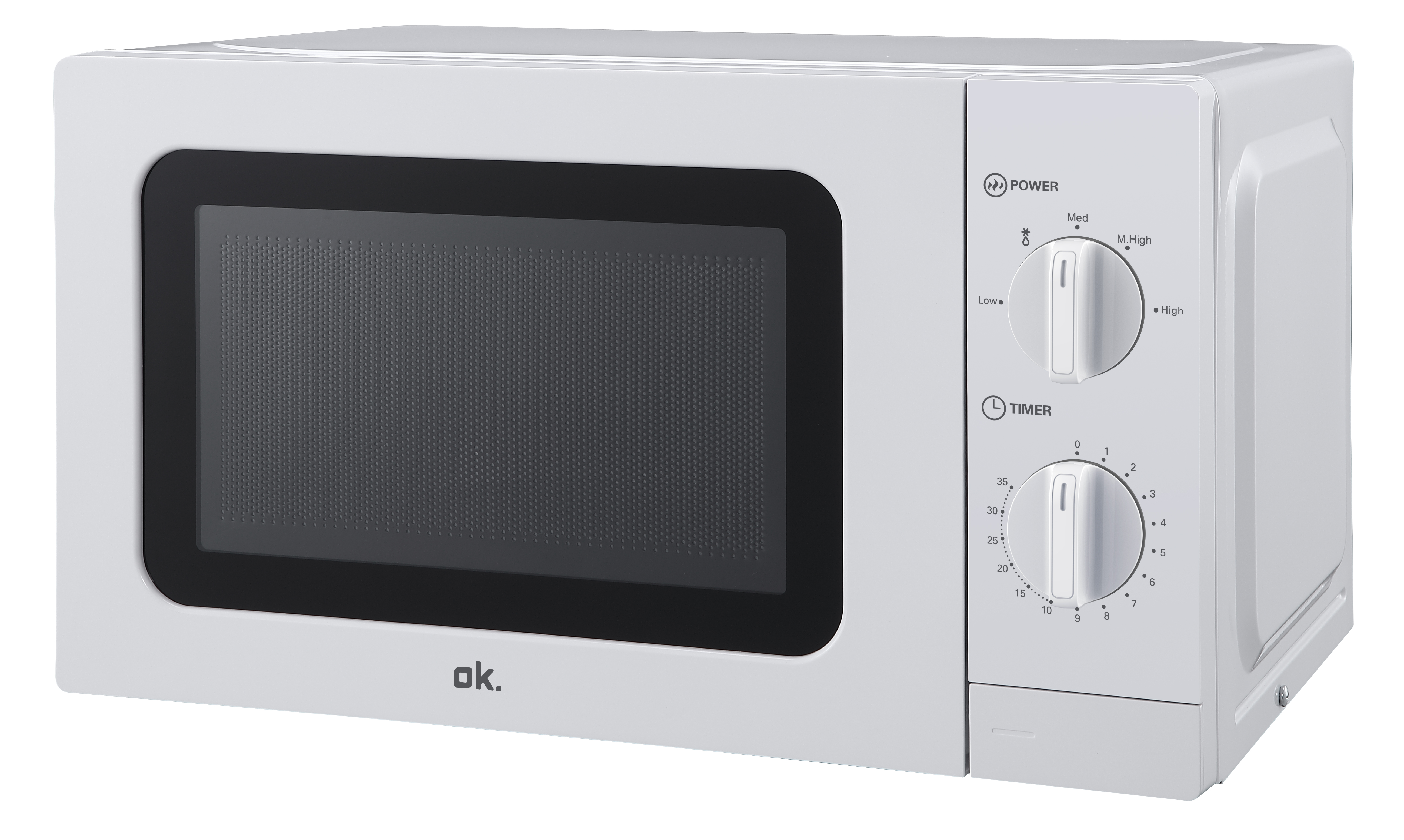 Weißer Mikrowellenherd mit Bedienfeld auf der rechten Seite.