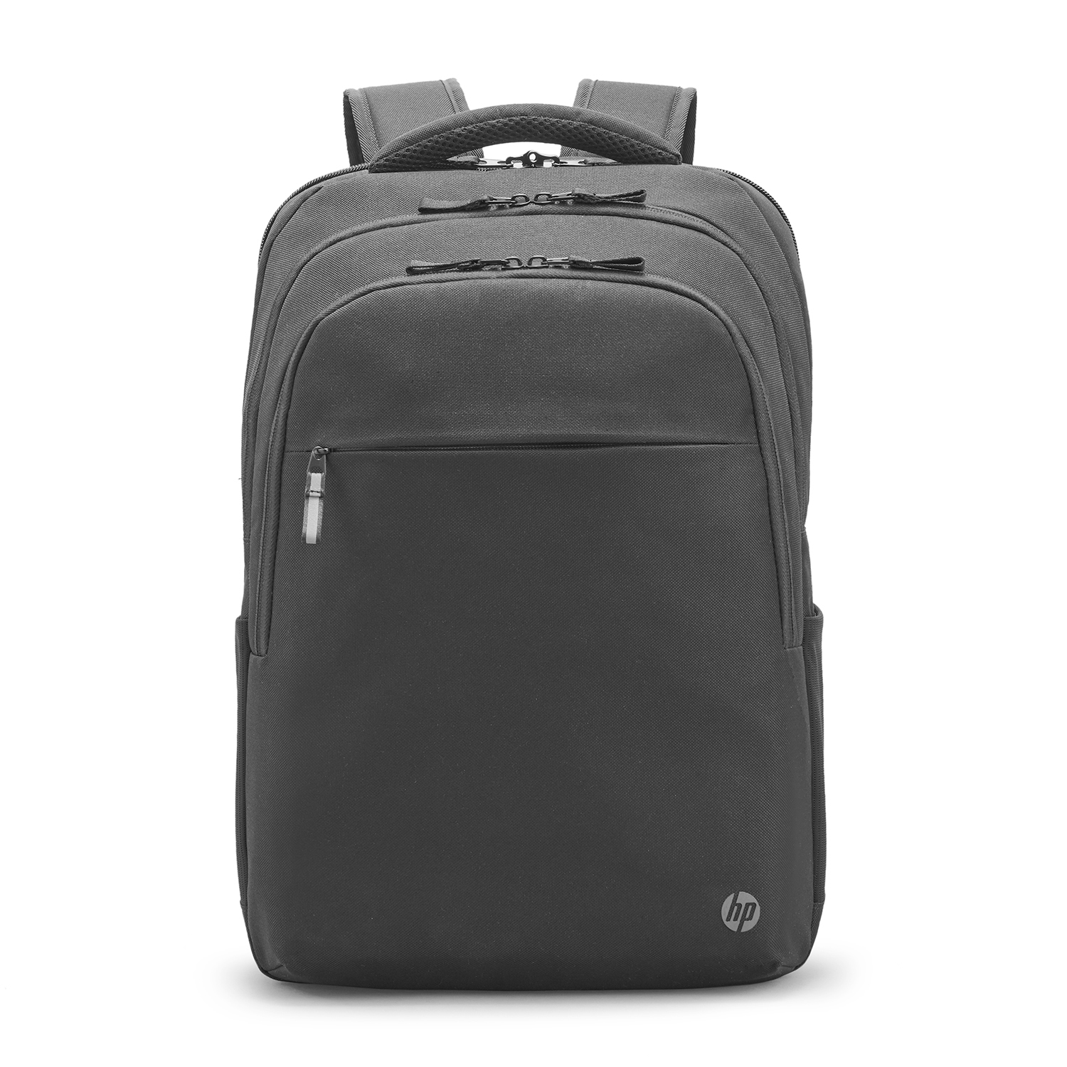 Uno zaino HP grigio scuro, con più tasche e una cerniera frontale.