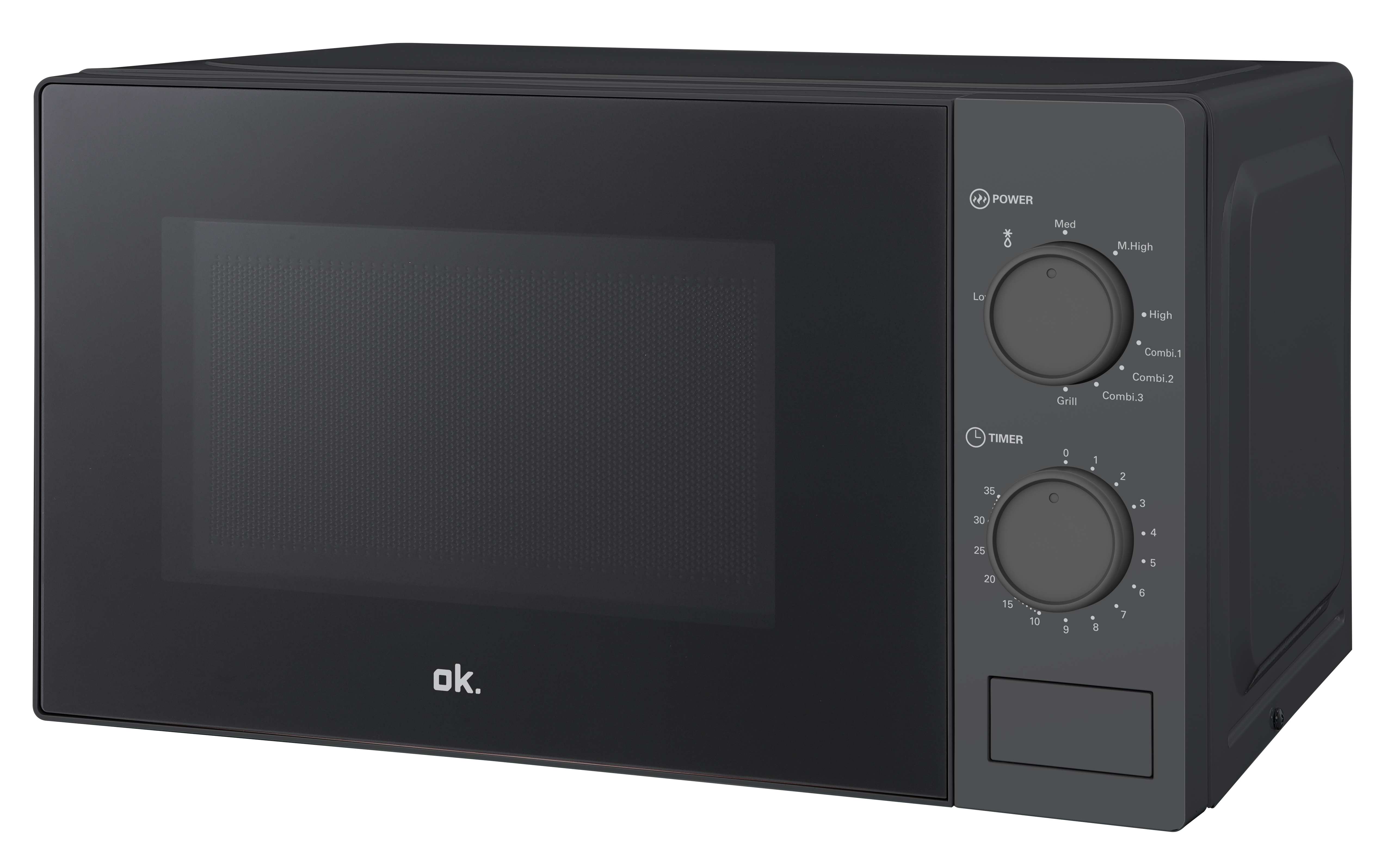 Ein schwarzer Mikrowellenherd mit Bedienfeld und Timer. Die Tür ist geschlossen.