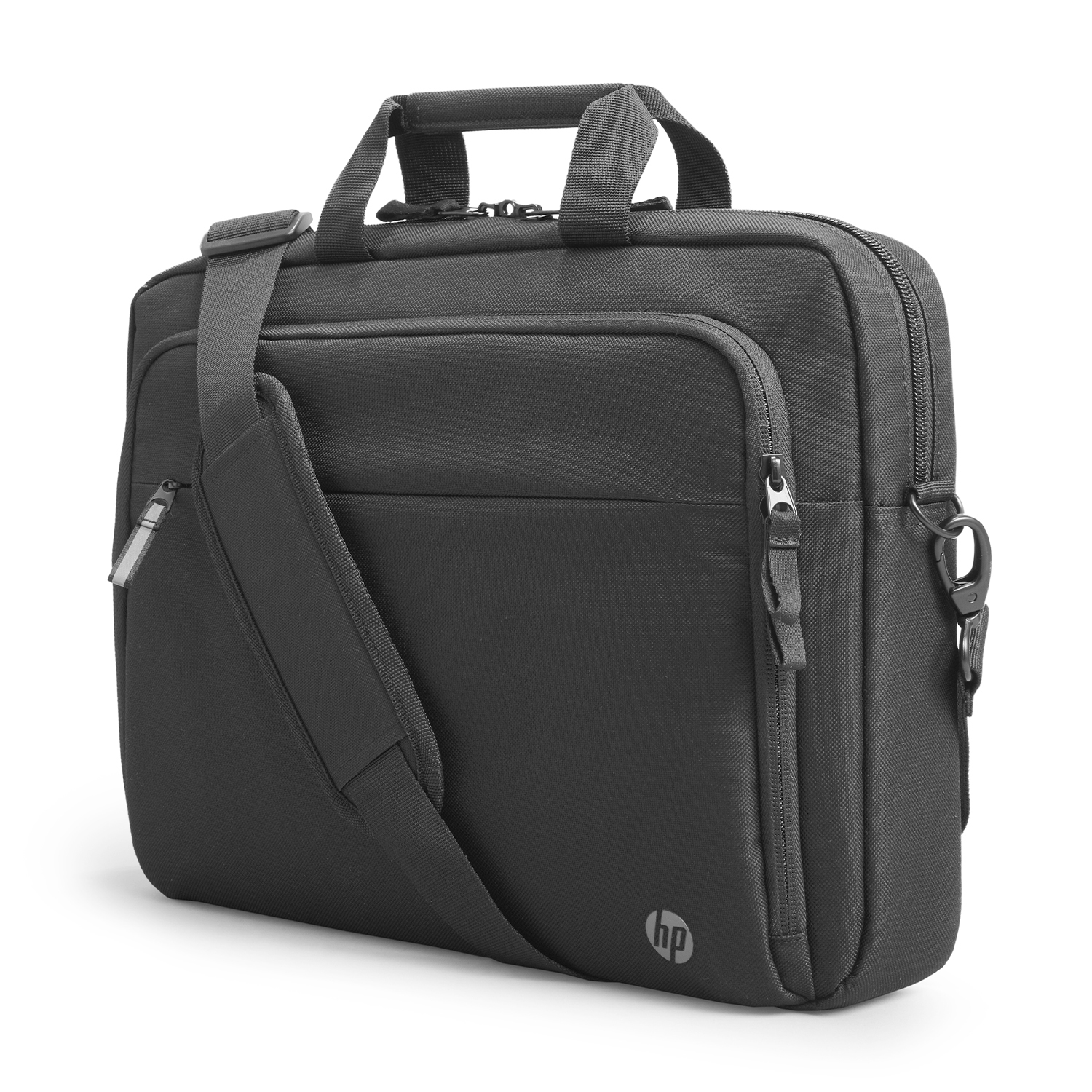 Una borsa per laptop nera con manico, tracolla e tasca frontale con cerniera.