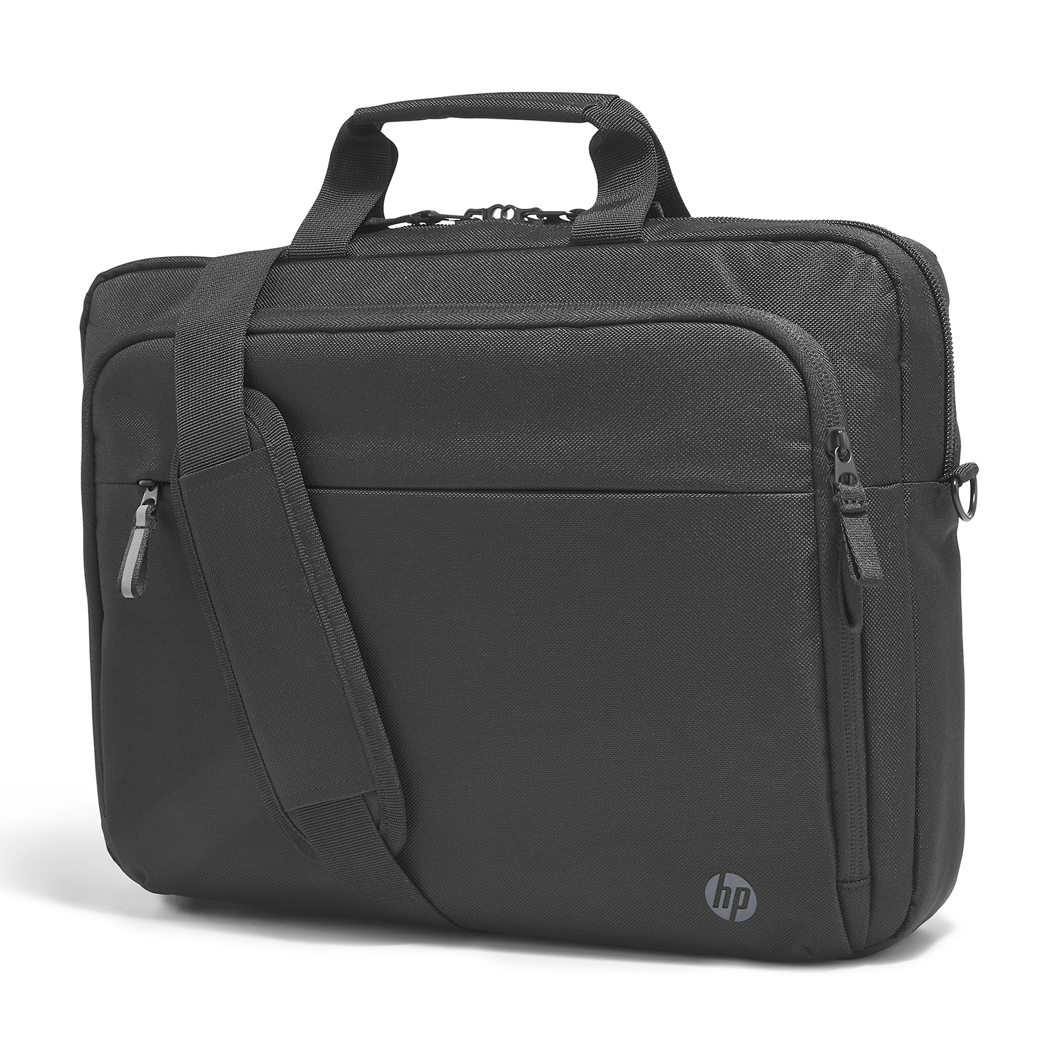 Borsa per laptop HP nera con manico e tracolla. Sfondo bianco.