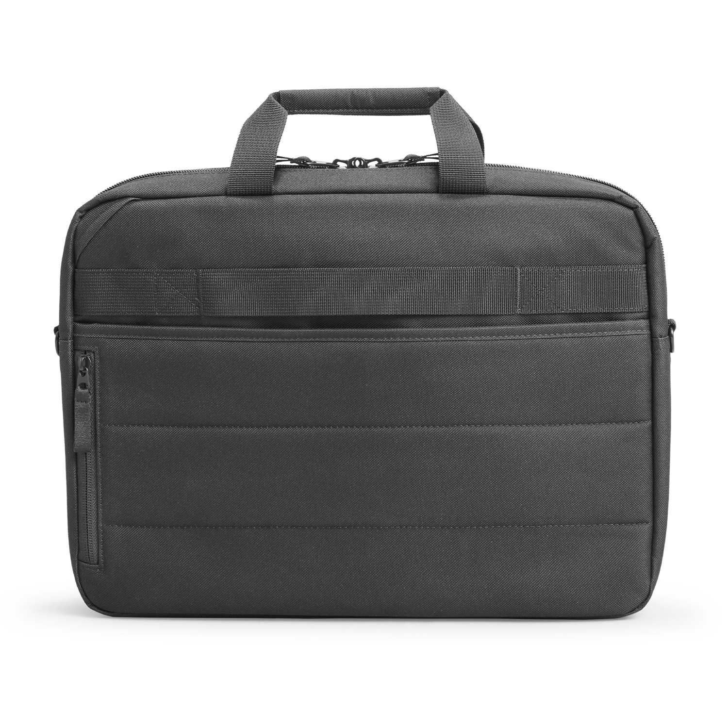 Una borsa per laptop nera con manico e tasca frontale, isolata su sfondo bianco.
