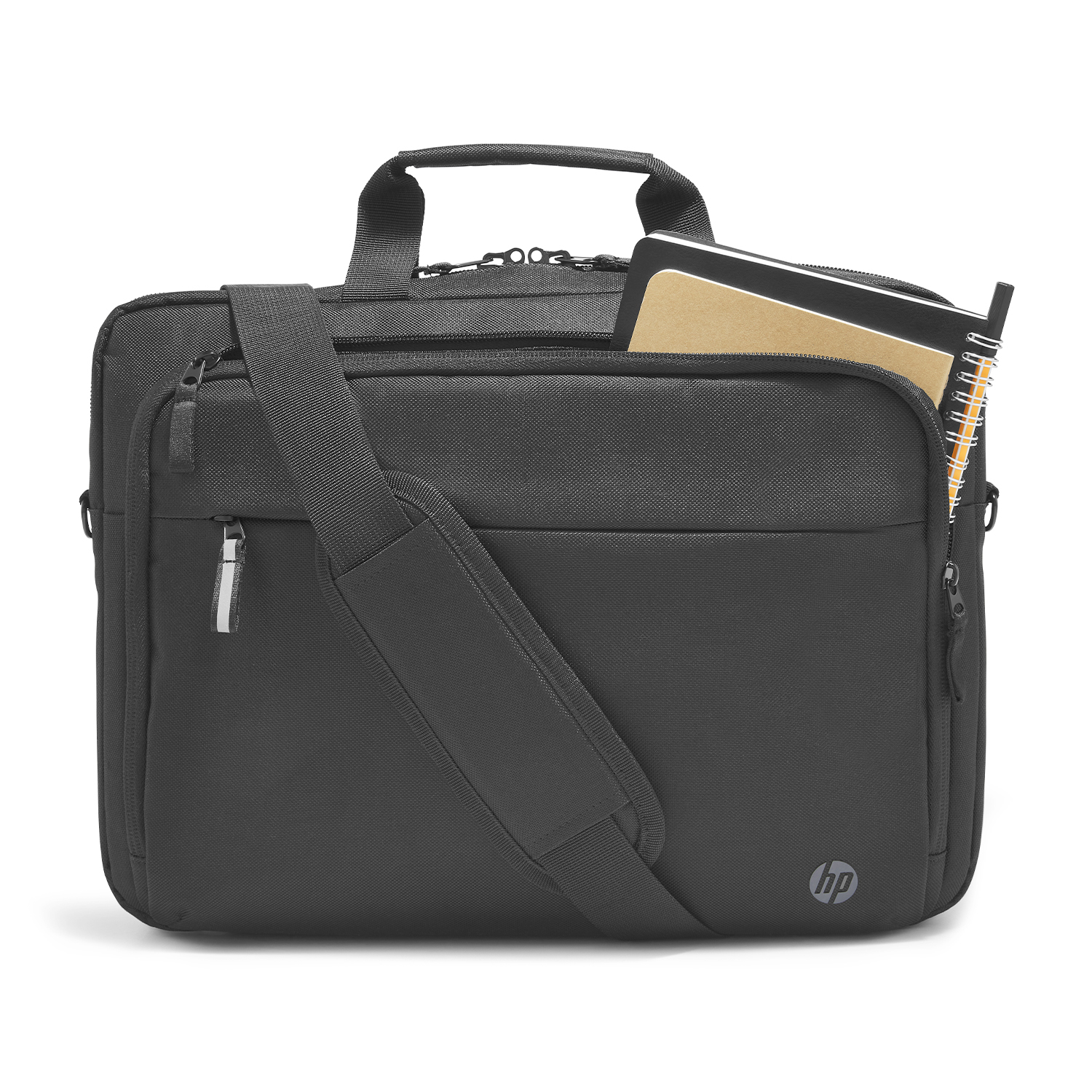 Borsa per laptop nera con manico e tracolla. Quaderni nella tasca.