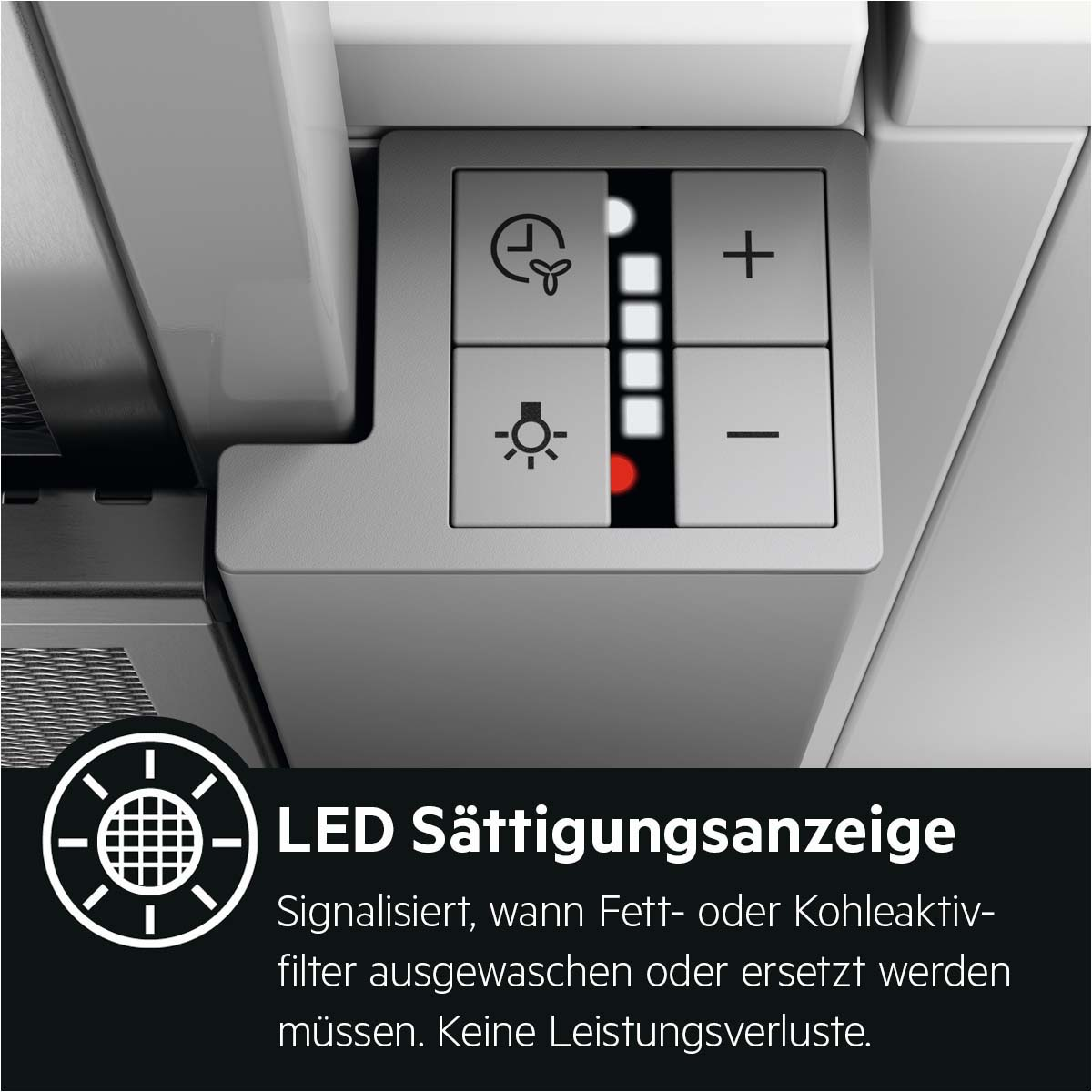 Nahaufnahme eines Bedienfelds mit Tasten und Anzeigen für ein Küchengerät, das den LED-Status anzeigt.