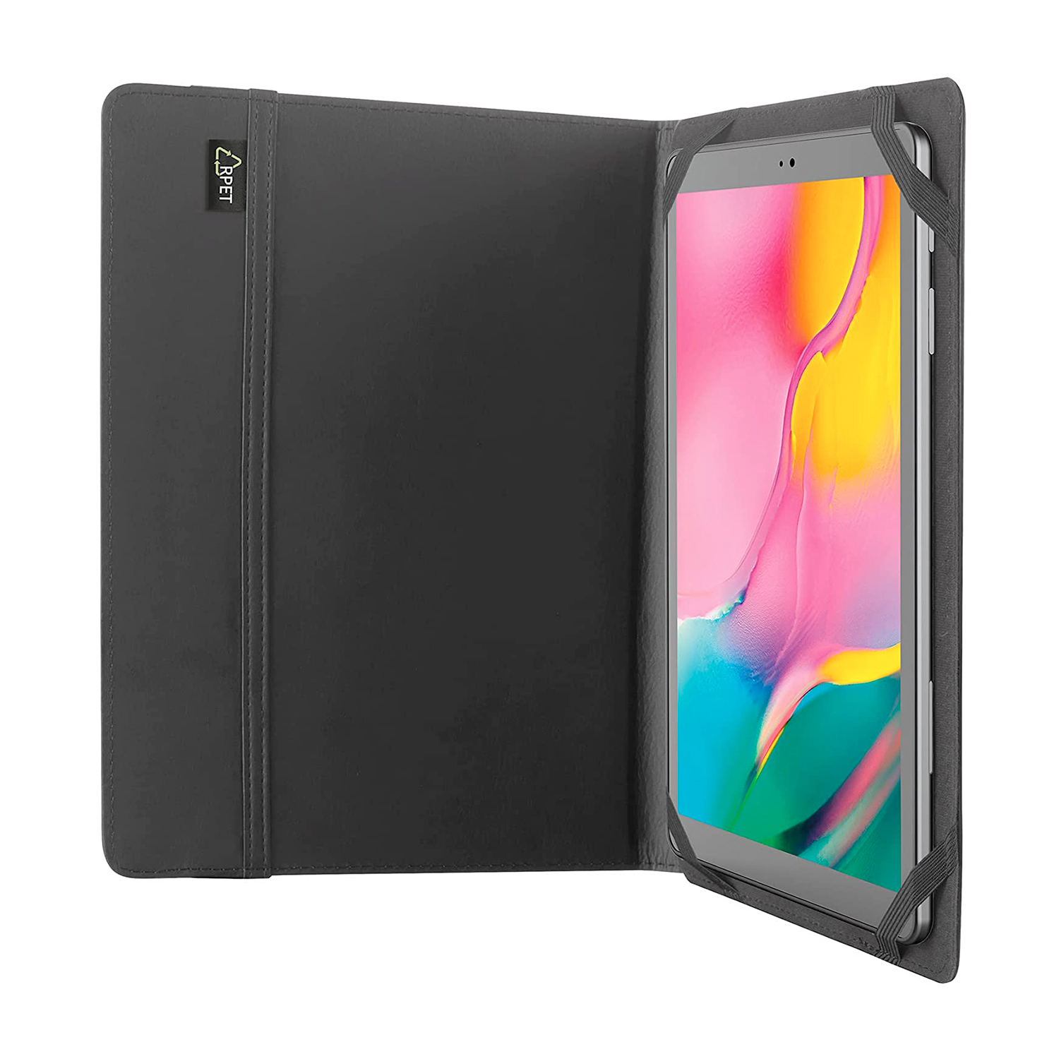Una custodia nera per tablet con un tablet all'interno. Il tablet è rosa e bianco.