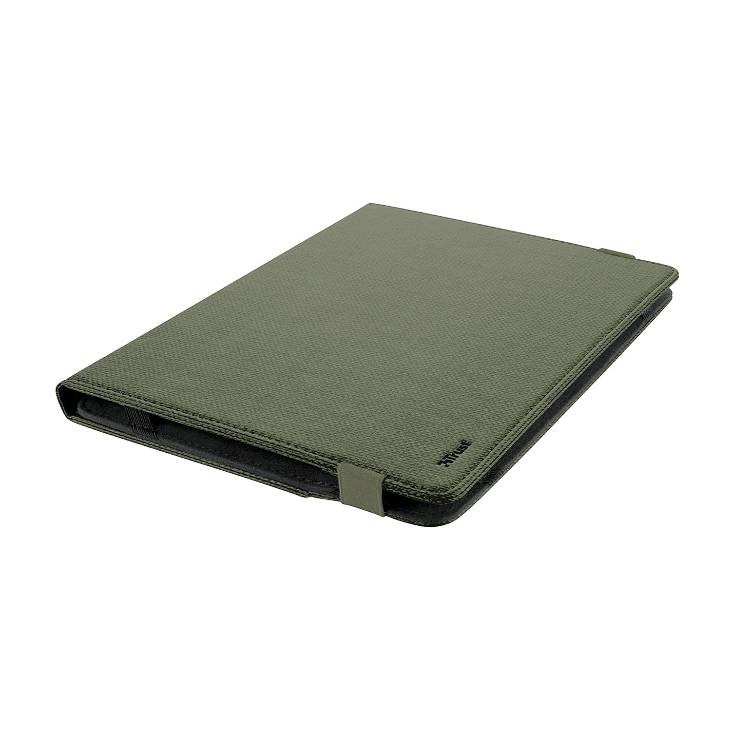 Custodia per tablet verde, chiusa. La cover è verde oliva. La custodia è piatta.