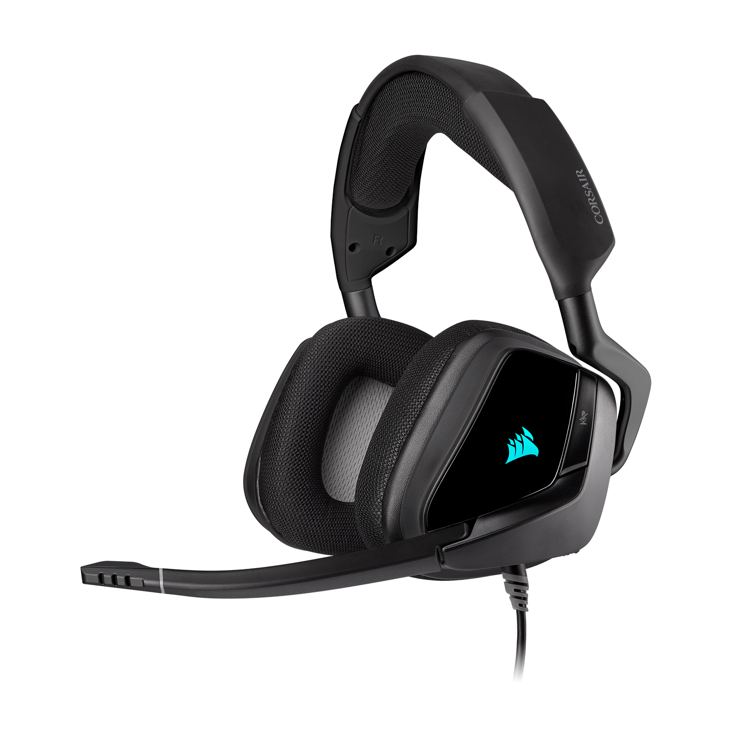 Cuffie da gioco nere con microfono a braccio e logo Corsair.