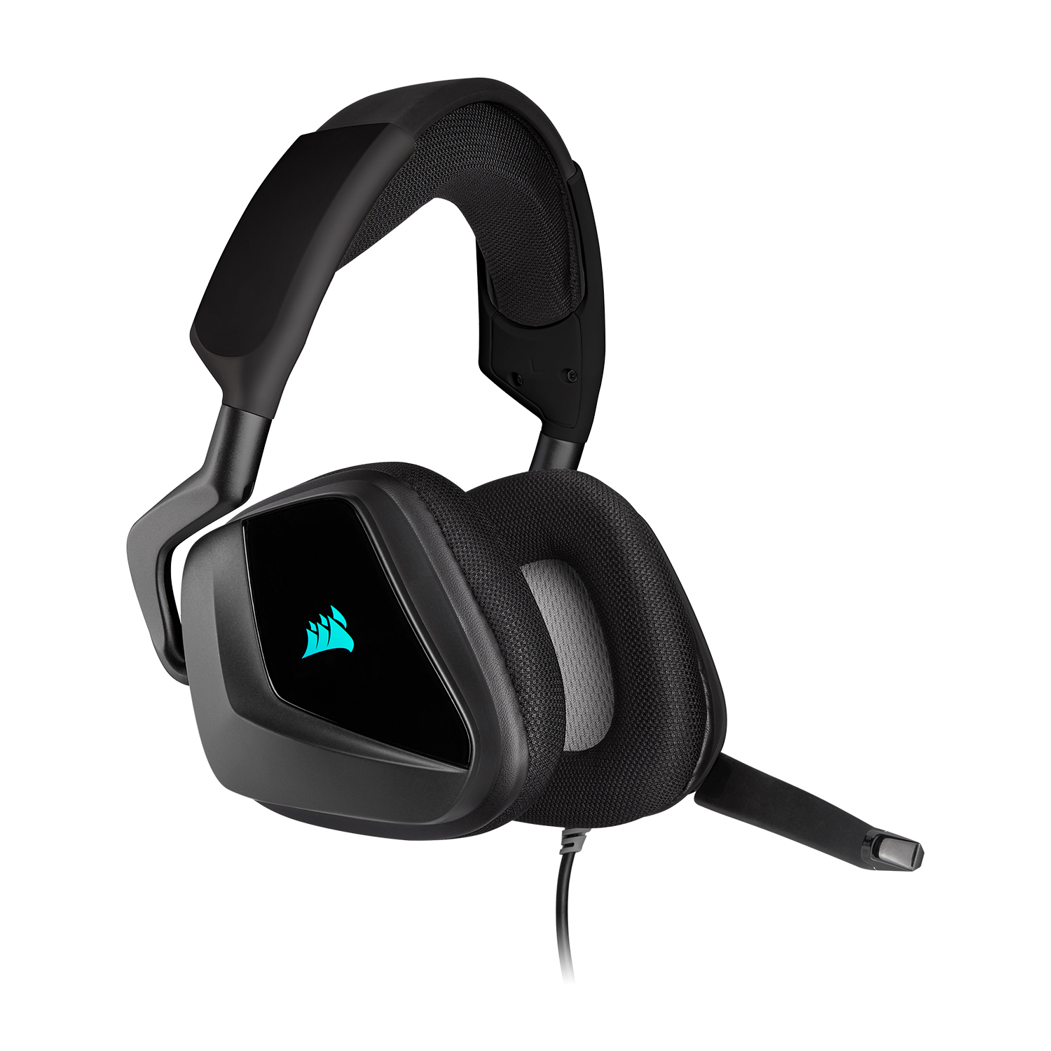 Cuffie da gioco nere con microfono e logo Corsair sul padiglione auricolare.