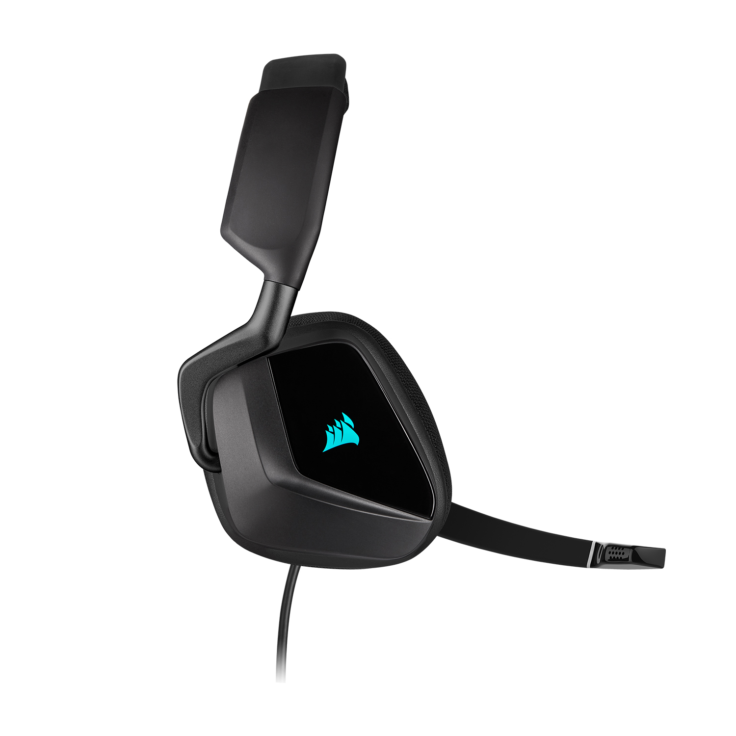 Cuffie da gioco nere, vista laterale, con microfono e logo Corsair illuminato.