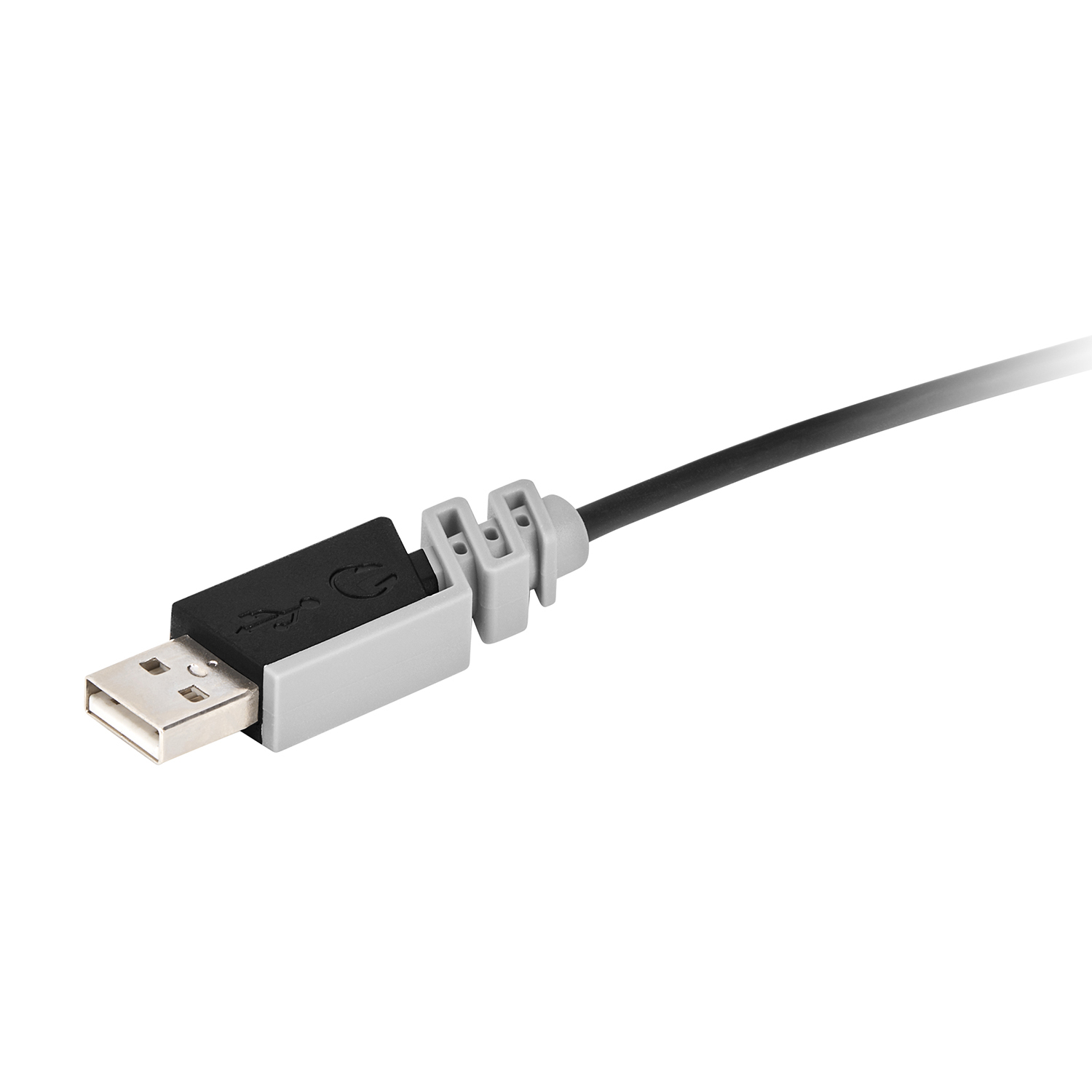 Un cavo USB con connettore nero e parte in plastica grigia e nera.