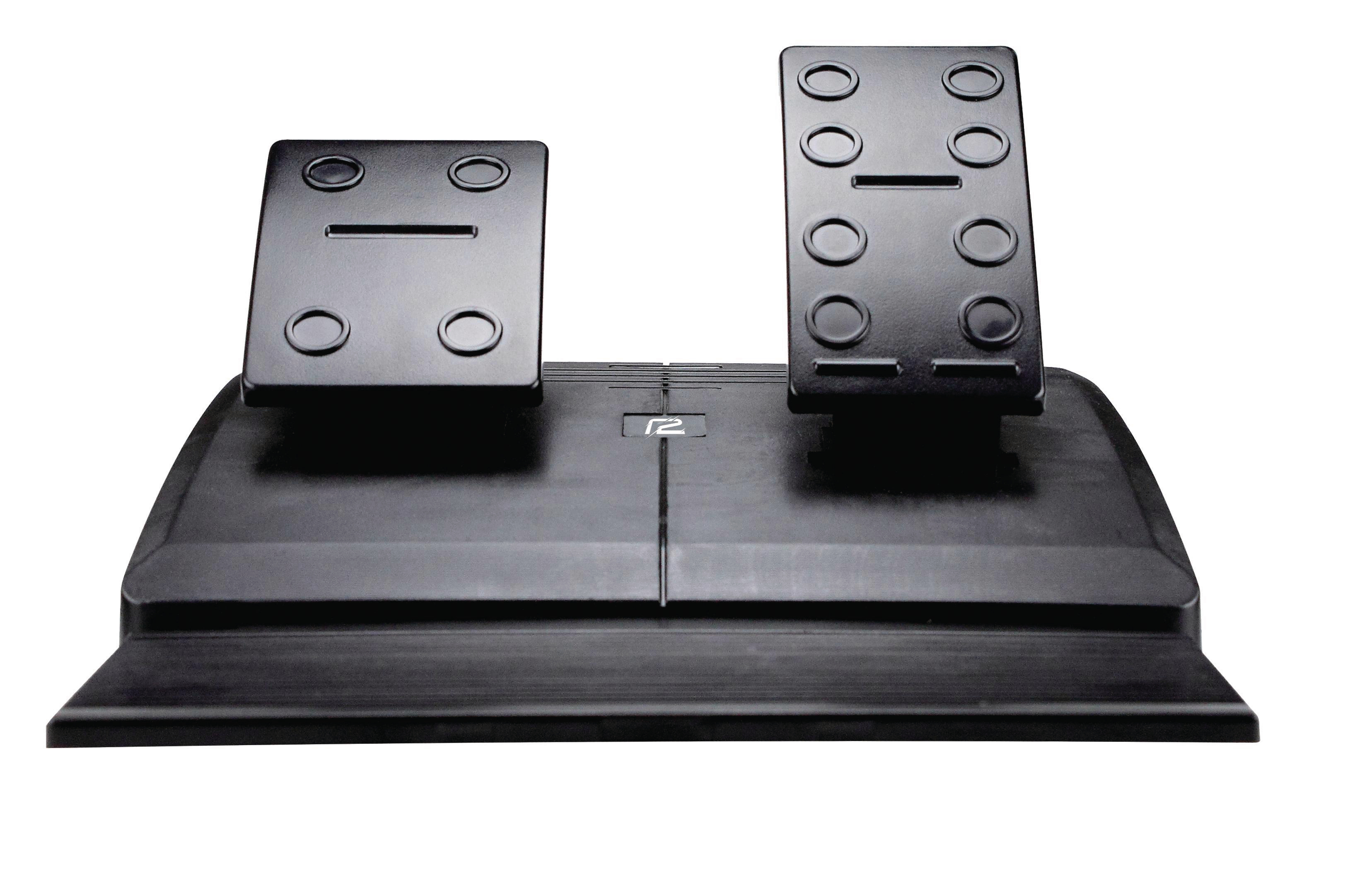 Schwarze Rennspielpedale mit Gas- und Bremspedal.