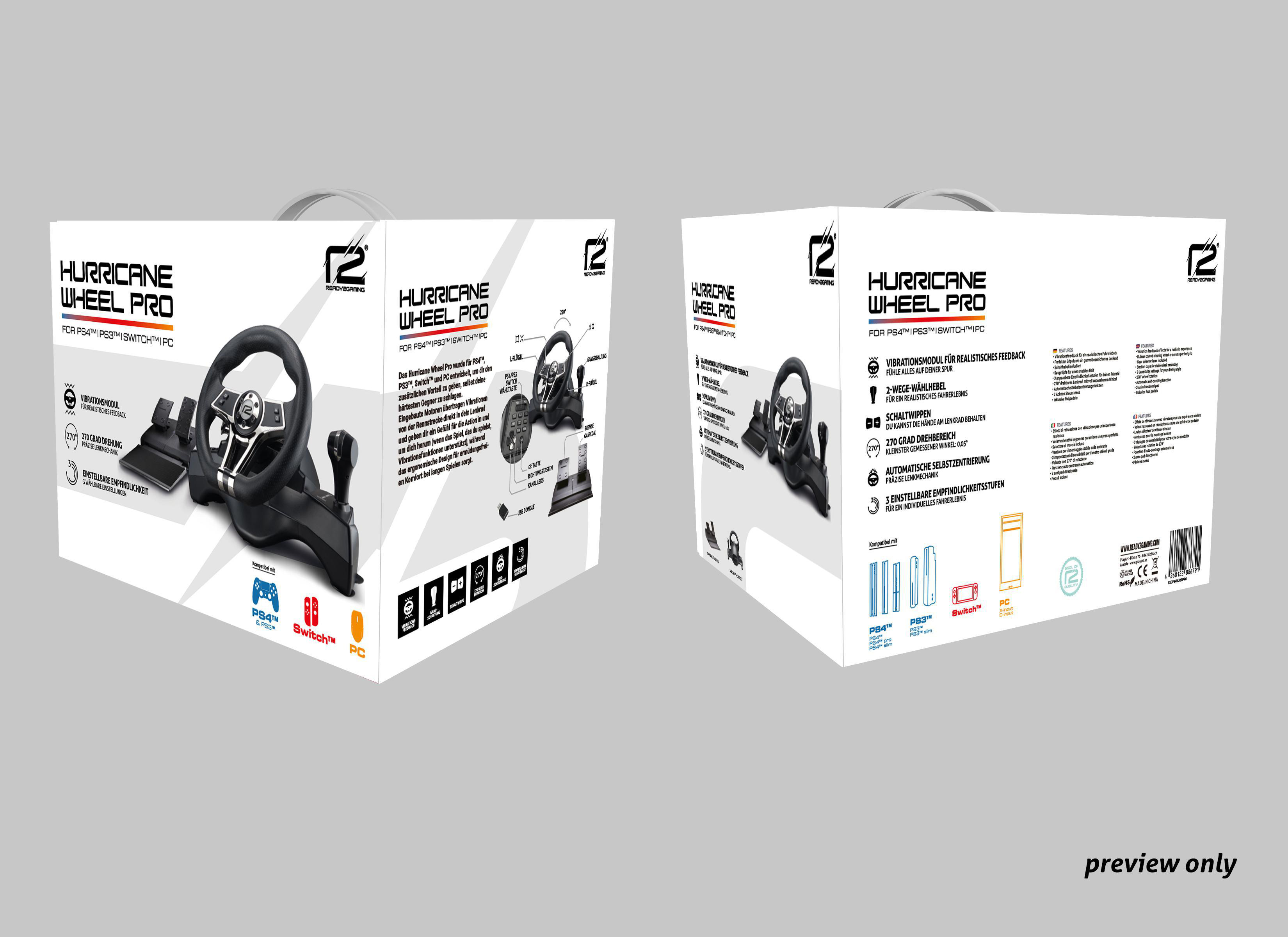 Produktverpackung für ein Rennrad-Set mit Lenkrad und Pedalen.
