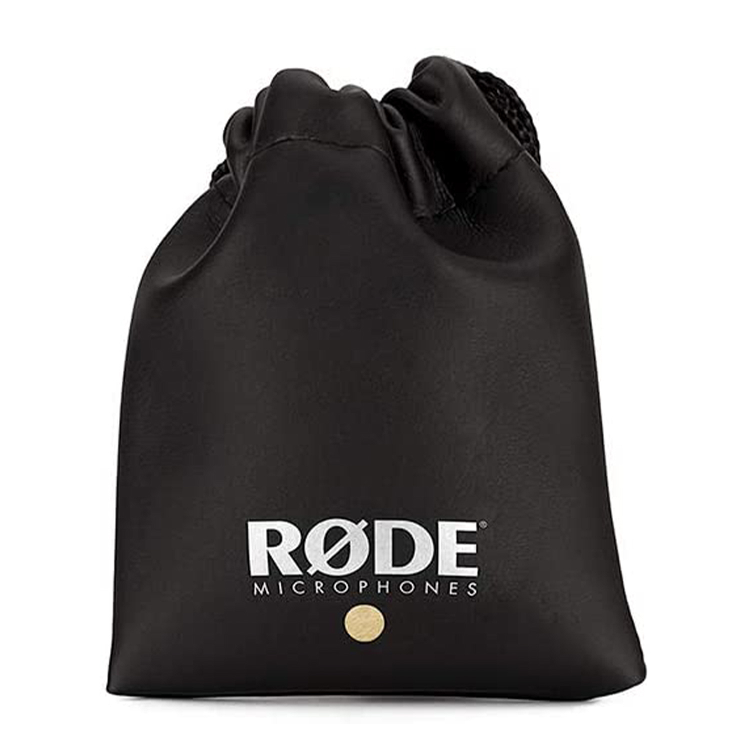 Borsa per microfono Rode nera con logo bianco e punto oro. Sfondo bianco.