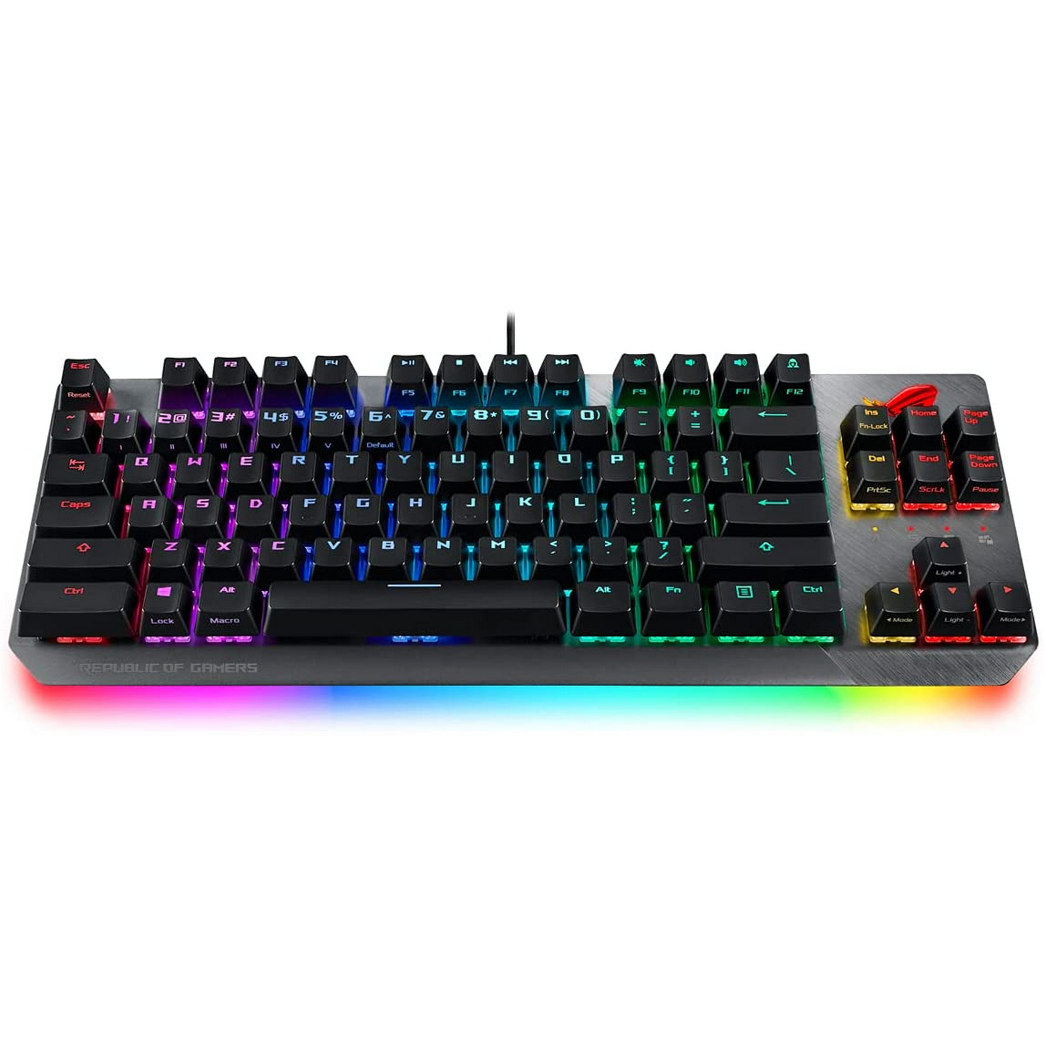Un teclado para juegos con iluminación RGB. Las teclas son negras con letras iluminadas. Tiene un logotipo de Republic of Gamers.