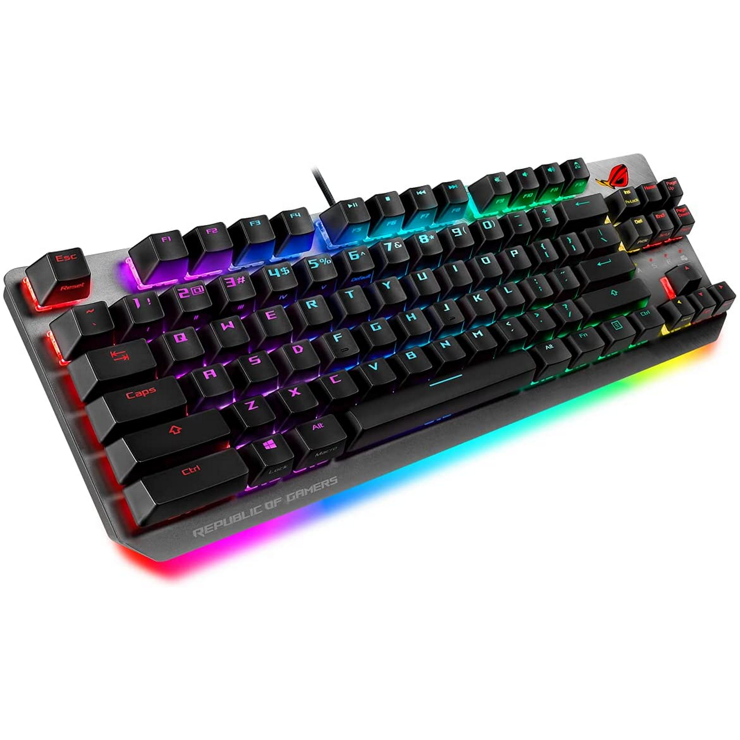 Teclado gaming RGB con teclas iluminadas. Teclas negras, base gris. Fondo blanco.