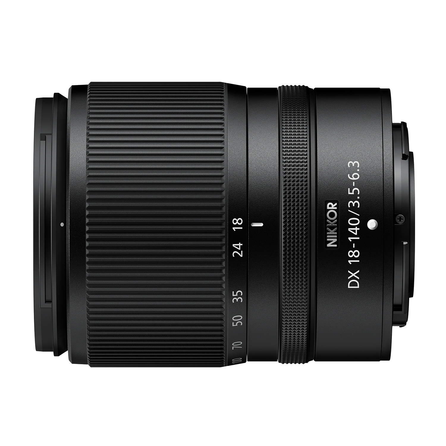 Obiettivo nero con i numeri 18-140 e DX 18-140 3.5-6.3 scritti sopra.