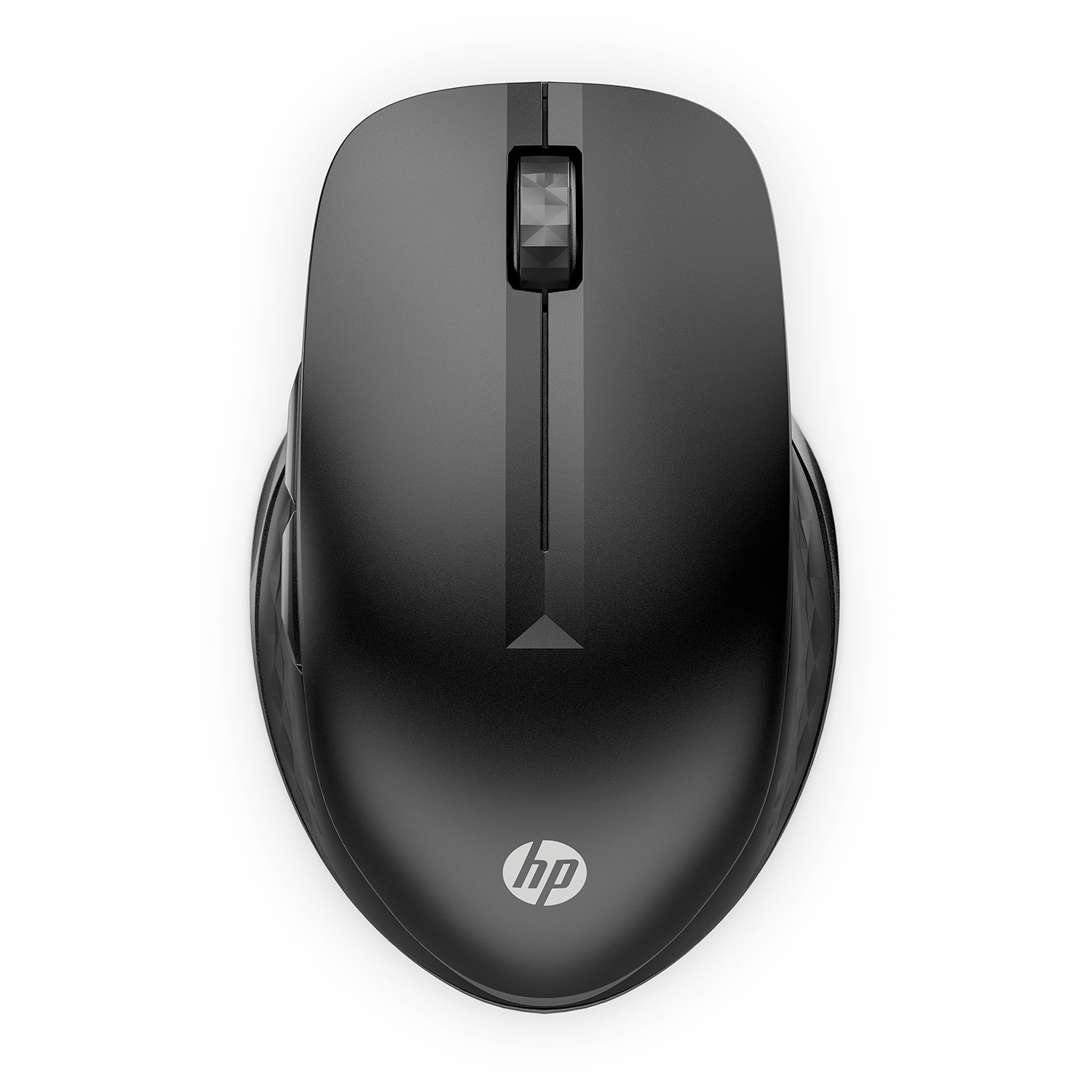 Un mouse per computer HP nero, visto dall'alto, su sfondo bianco. Il logo HP è visibile.