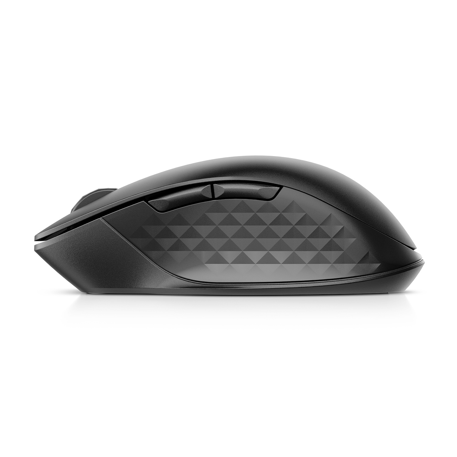 Mouse per computer nero con un motivo geometrico sul lato.