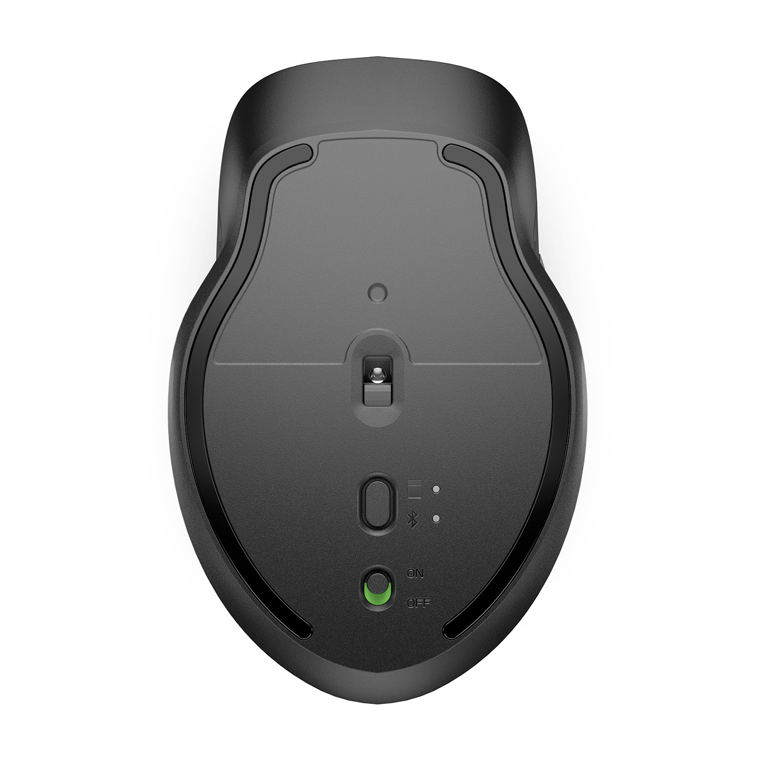 Vista inferiore del mouse nero per computer. Ha un interruttore on/off e una luce verde.