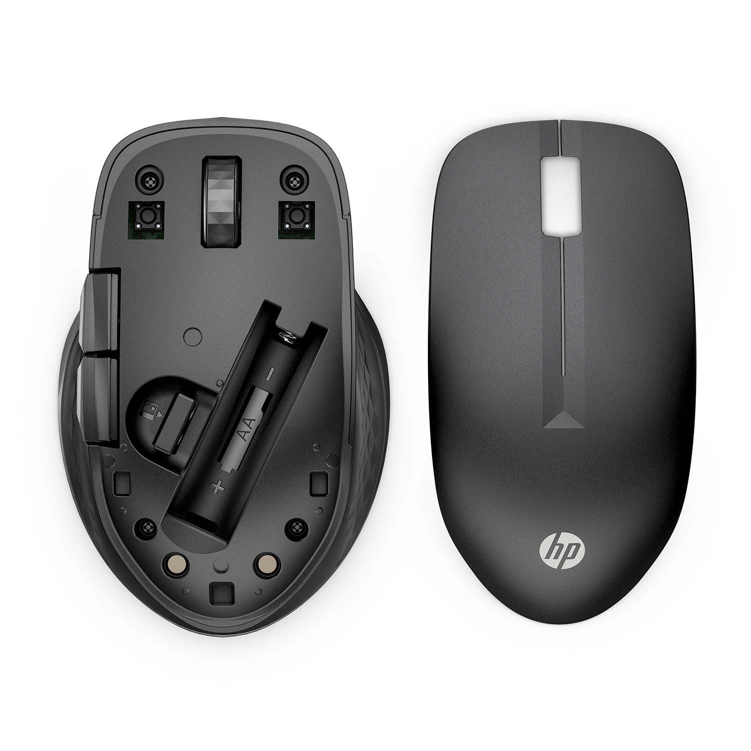 Vista dall'alto di un mouse HP nero, con vano batteria aperto e una batteria all'interno.