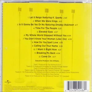 CD-Rückseite mit gelbem Hintergrund, zeigt die Titelliste und einen Barcode. Mikrofone sind abgebildet.