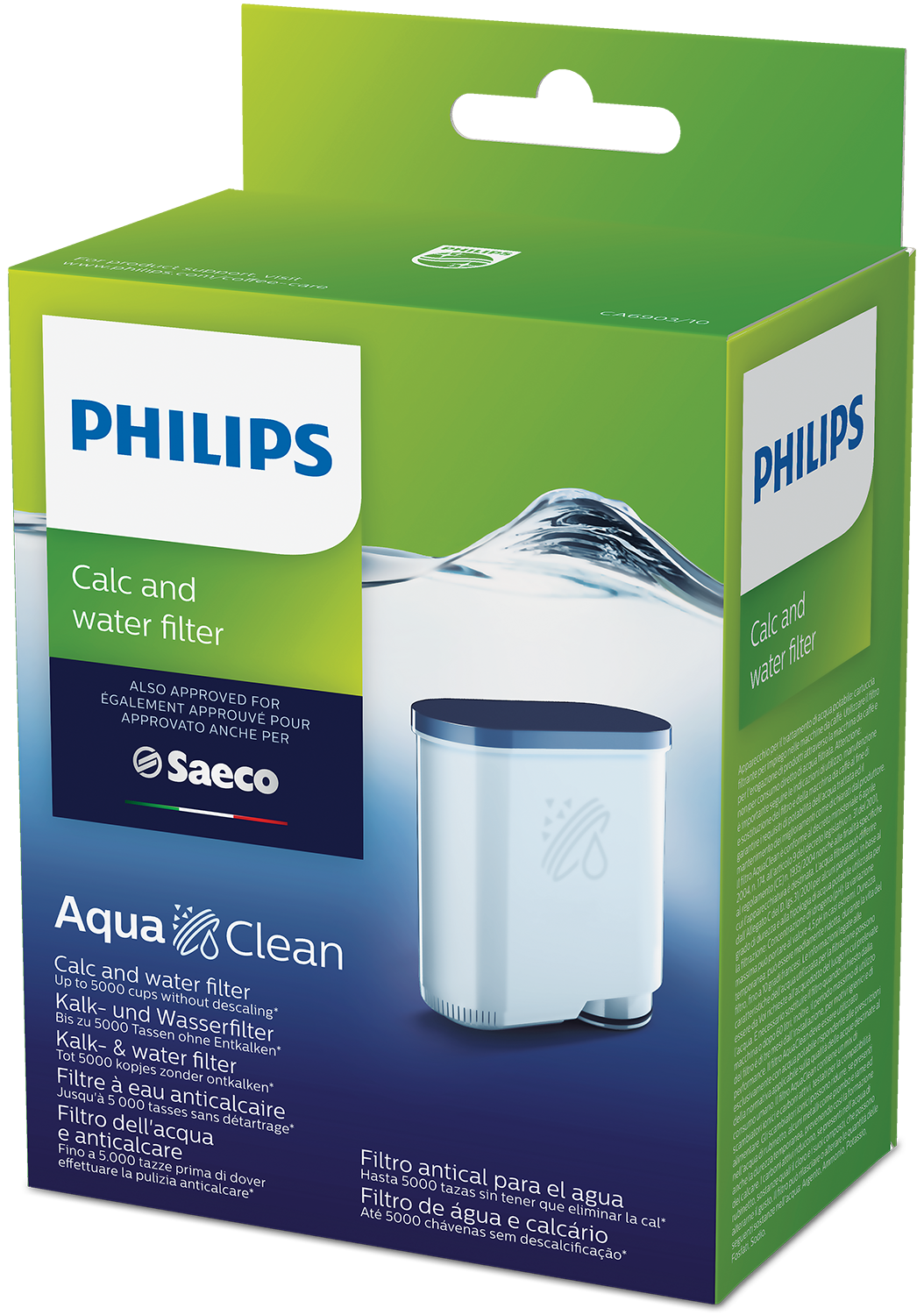 Boxed Philips Calc and water filter. White filter inside. Green and white box with blue accents.