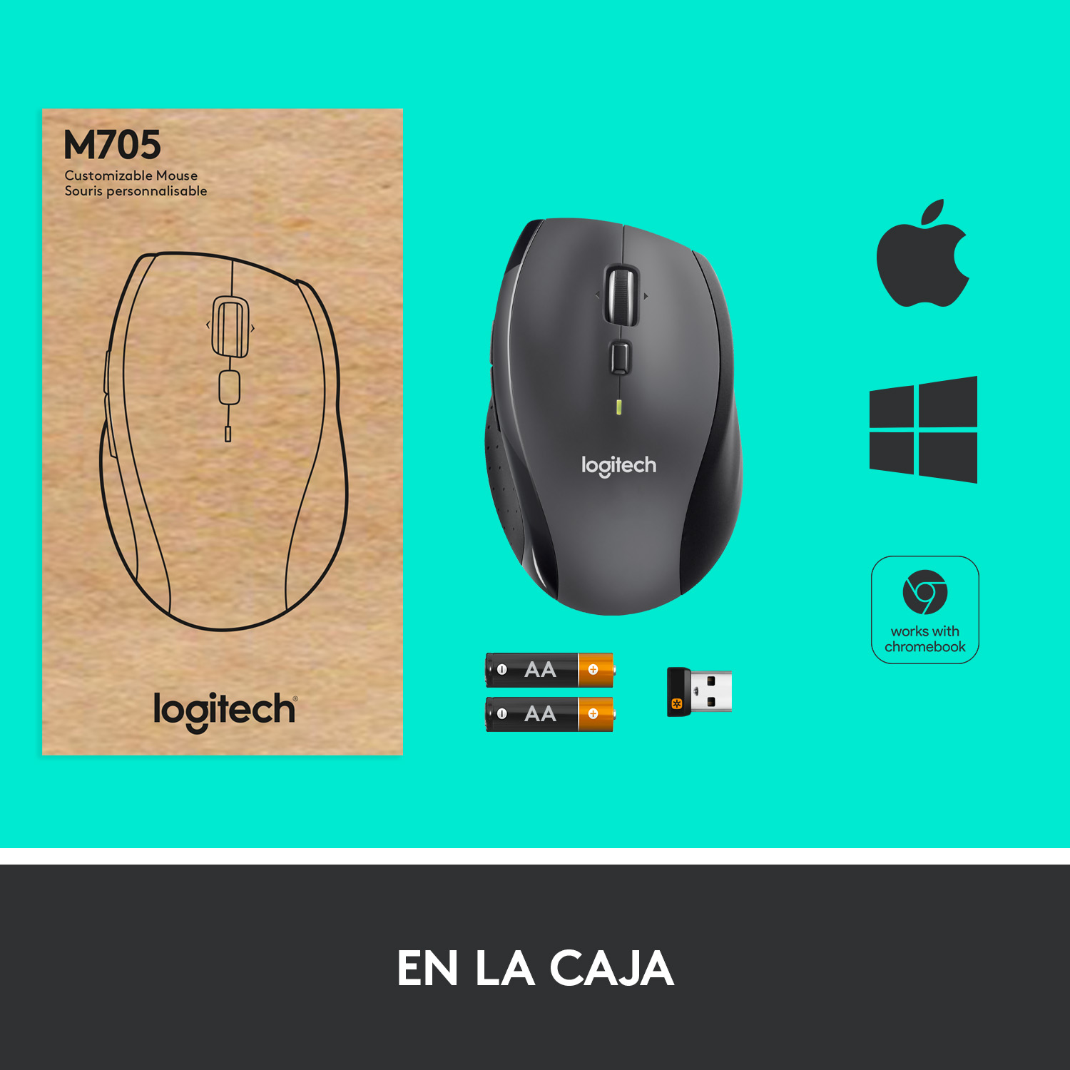 Caja de ratón con ratón negro, pilas y receptor USB, con iconos de Apple y Chrome.