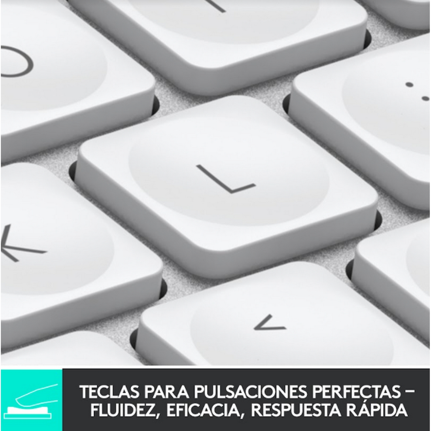 Primer plano de teclas de teclado blancas con letras negras. La tecla 'L' está enfocada. El fondo es gris.
