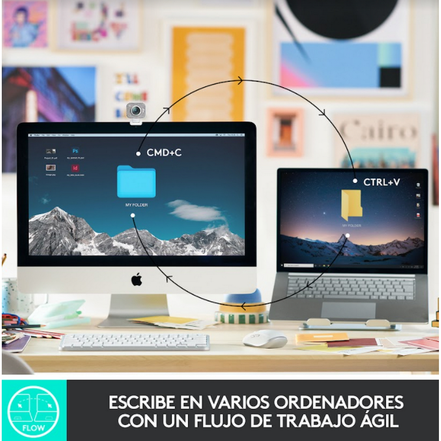 Dos monitores en un escritorio. Uno muestra una carpeta, el otro un portátil.