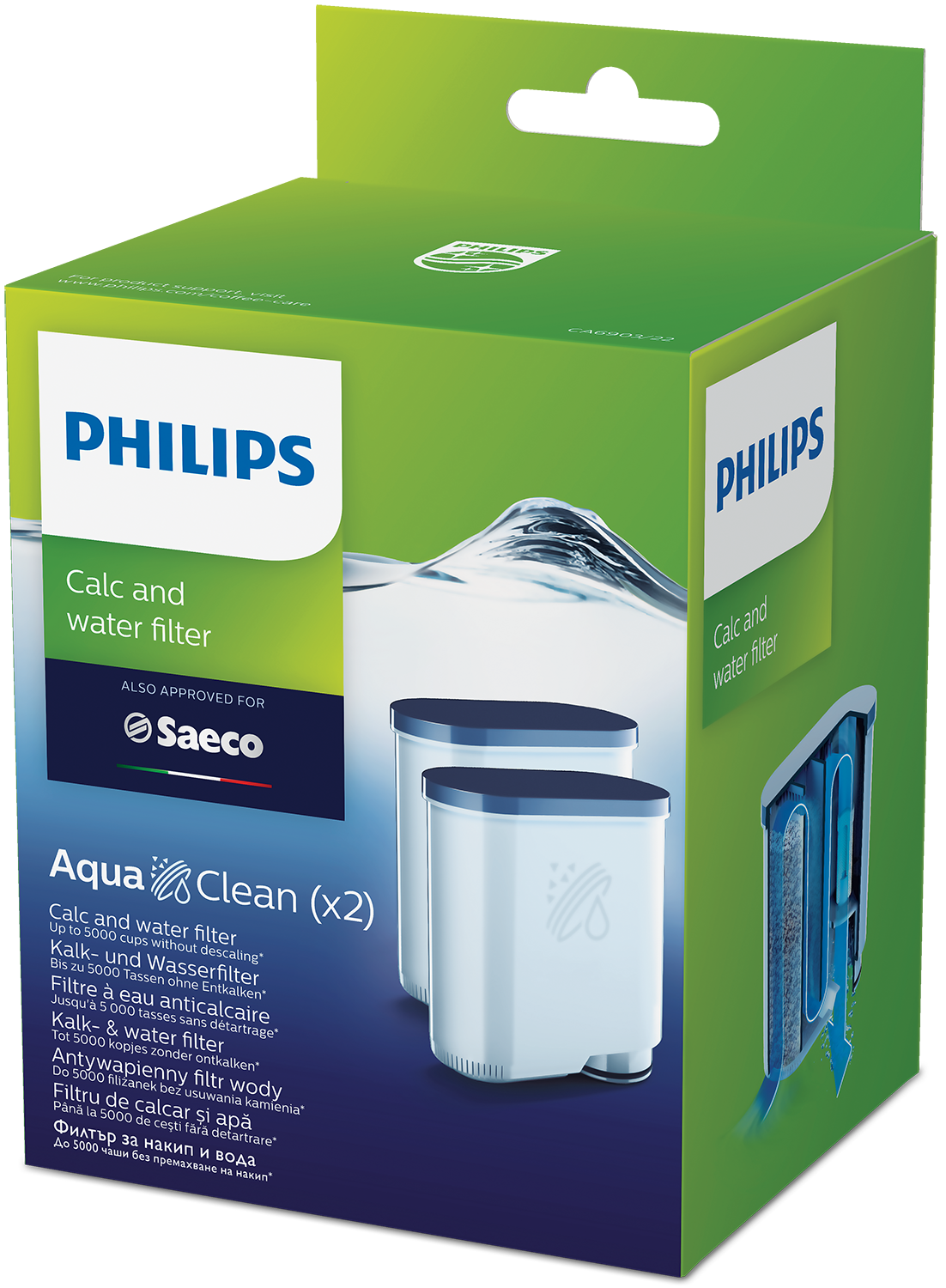 A Philips calc and water filter box with two white filters and a Saeco logo.
