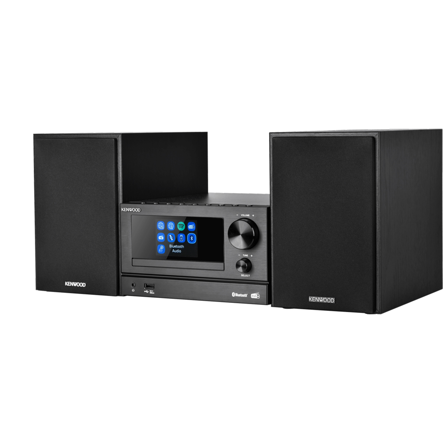 Un sistema stereo Kenwood con altoparlanti e un pannello di controllo. Colore nero.