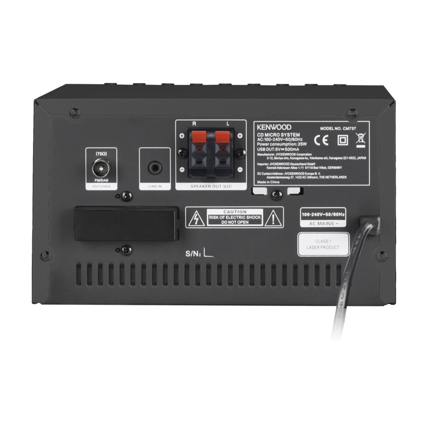 Retro del micro sistema CD Kenwood nero, sono visibili porte ed etichette.