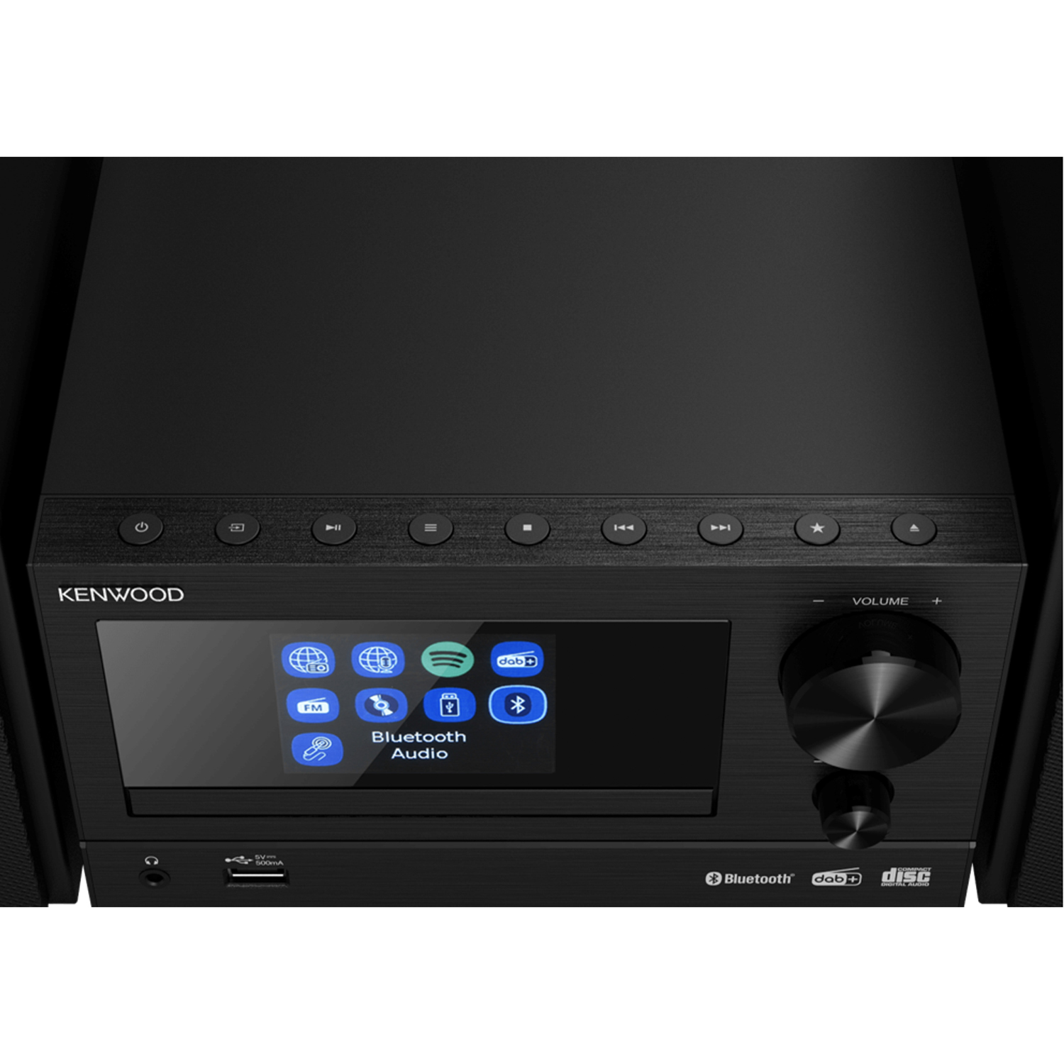 Sistema audio Kenwood nero con display, pulsanti e una manopola del volume.