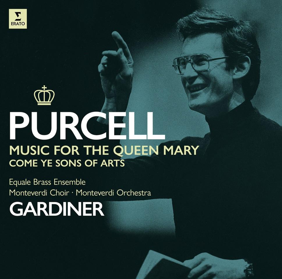 Album borító: Purcell zene, Gardiner, egy férfi mutat és mosolyog. Szöveg: 'Queen Mary', 'Equale Brass Ensemble'.