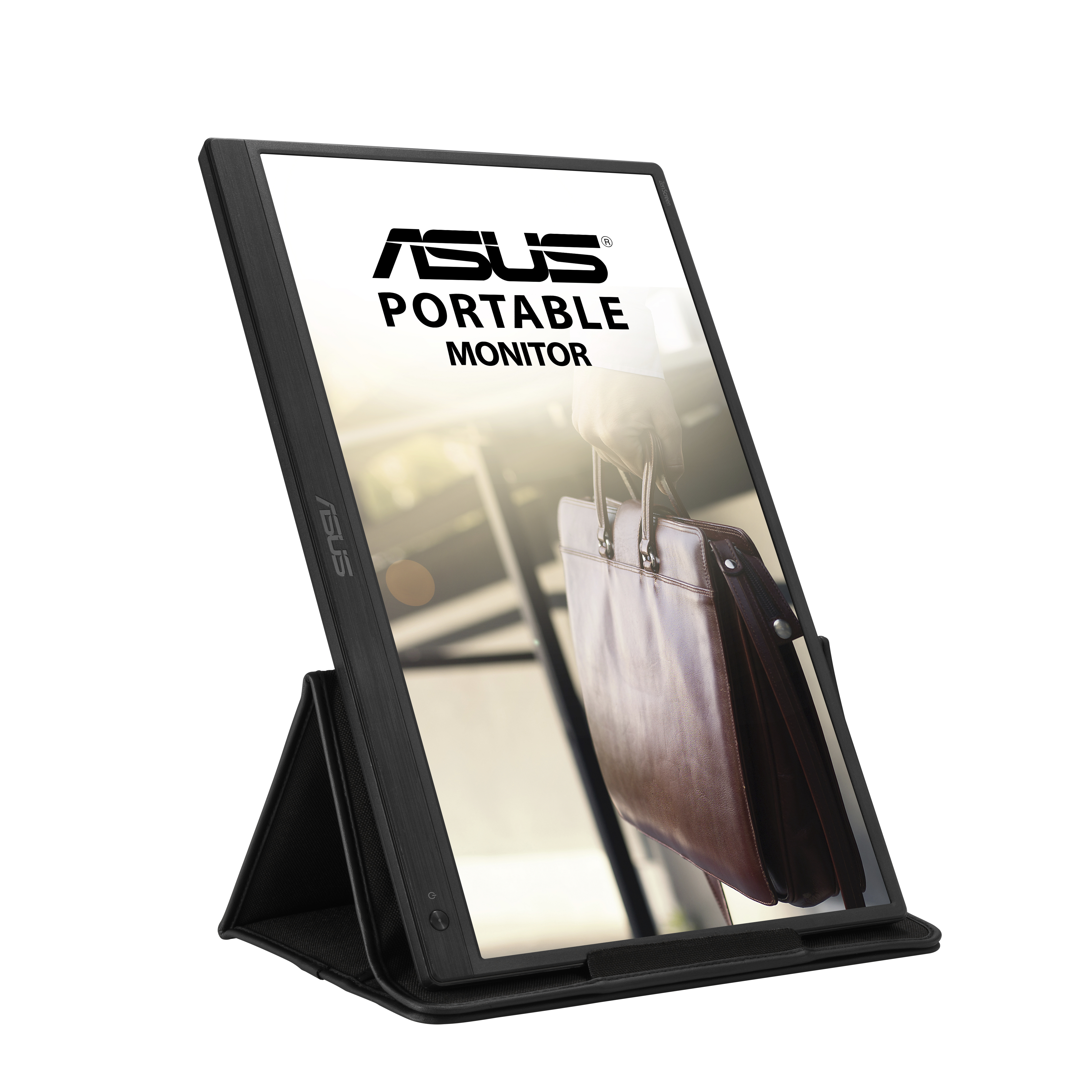Ein tragbarer Monitor mit dem ASUS-Logo, in einem Ständer, der eine Aktentasche zeigt.