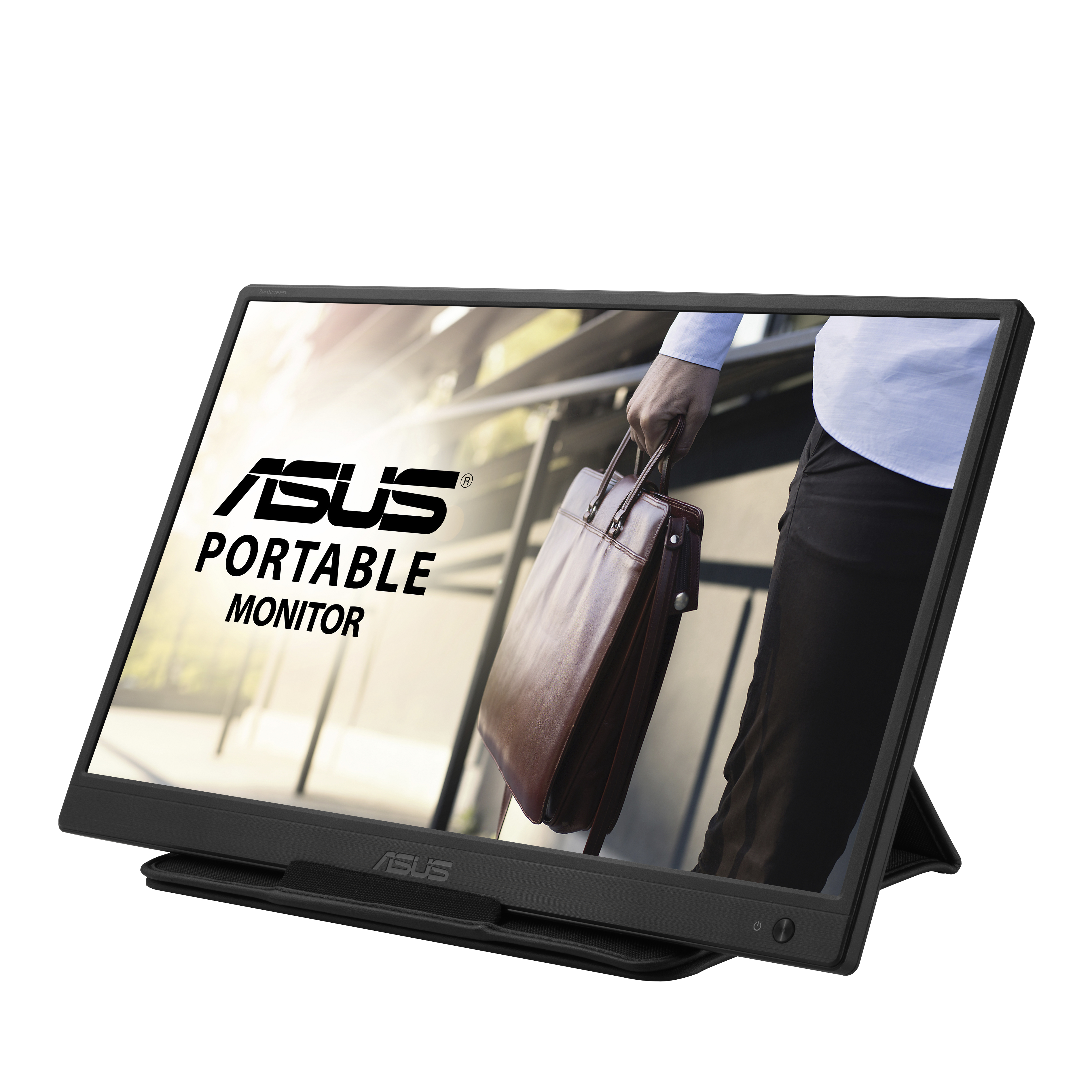 Schwarzer tragbarer ASUS-Monitor mit Ständer. Ein Mann mit Tasche ist sichtbar.
