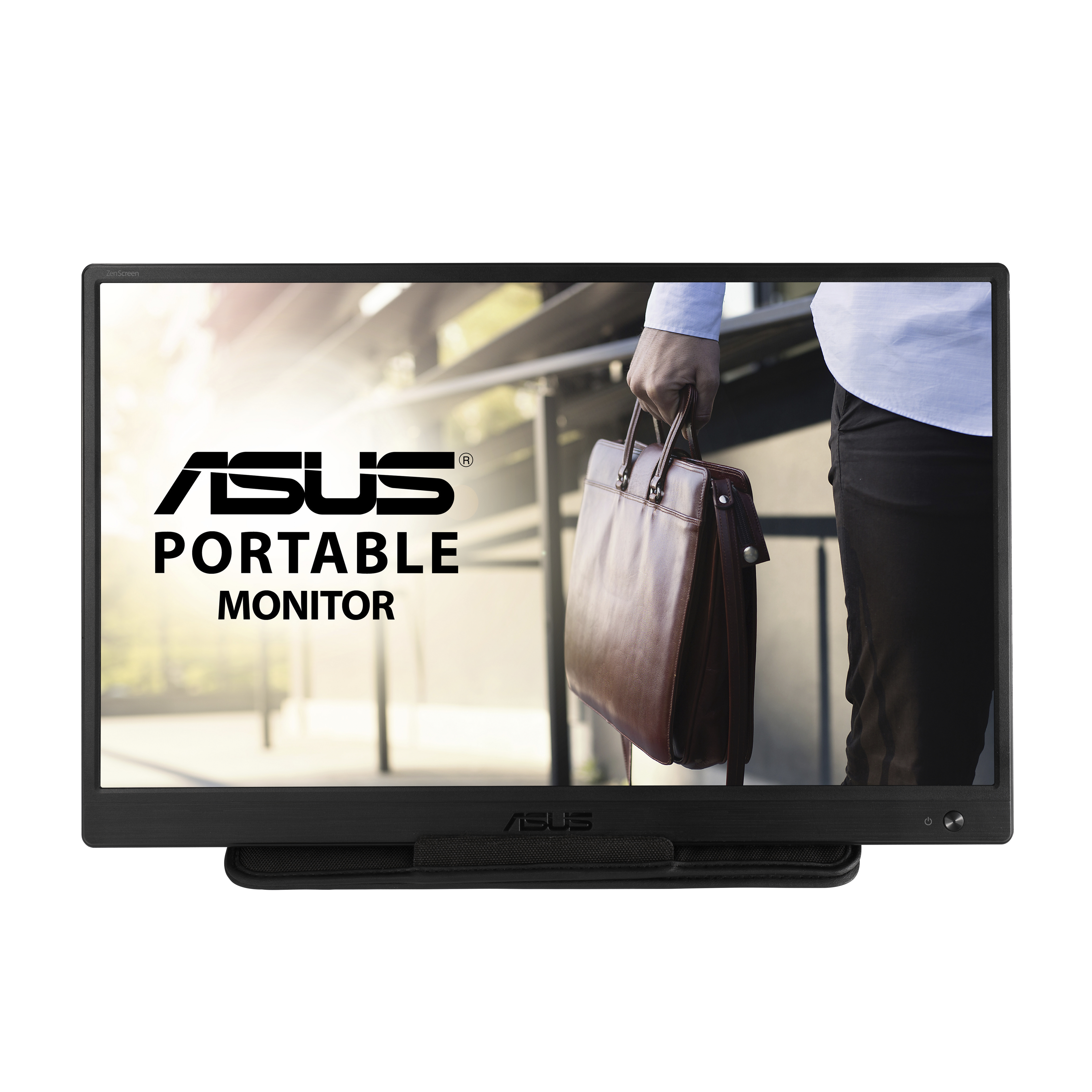 Schwarzer tragbarer Monitor mit ASUS-Logo, Person hält Tasche.