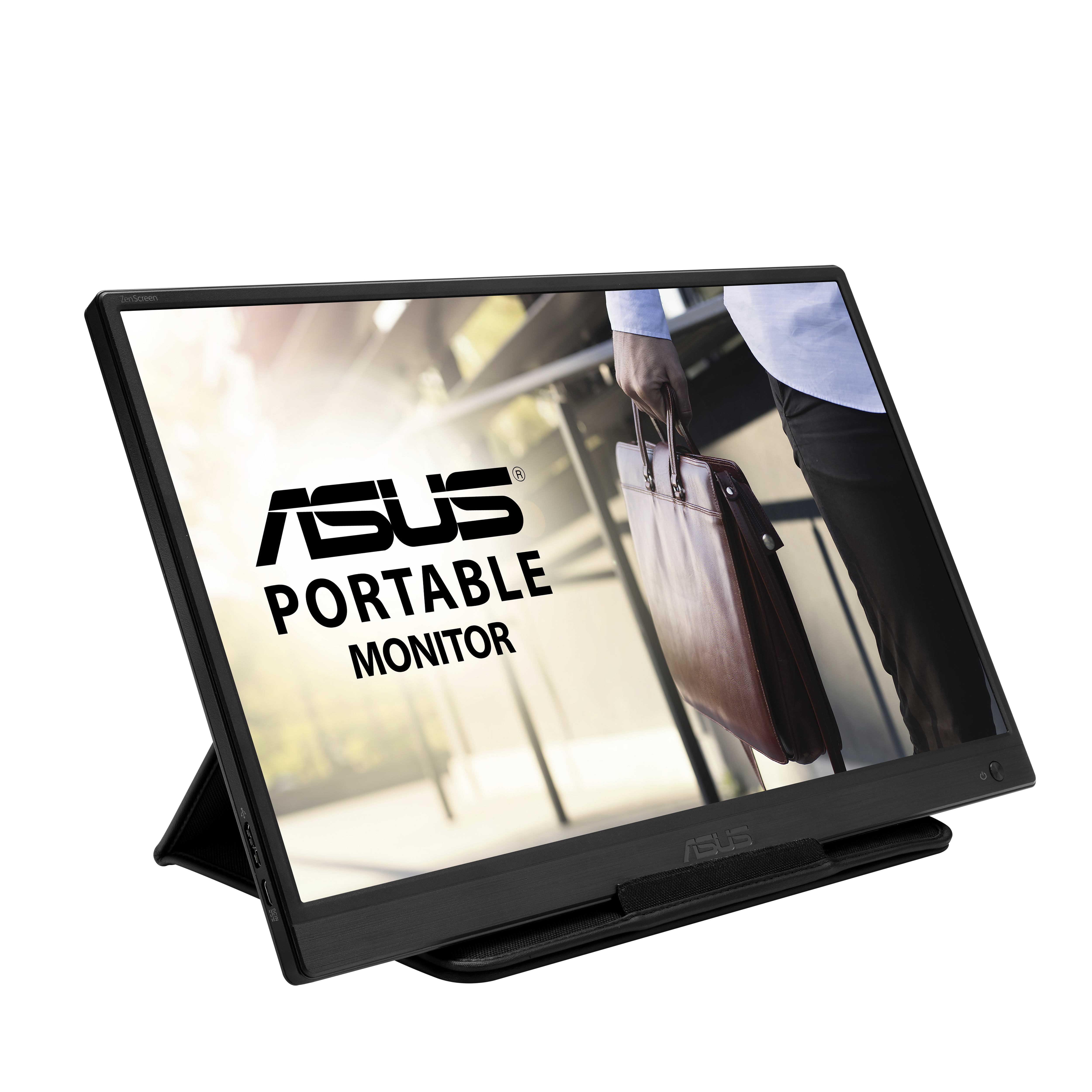 Schwarzer tragbarer Monitor. Er steht auf einem Tisch und zeigt ein Bild. Der Monitor hat einen Ständer.