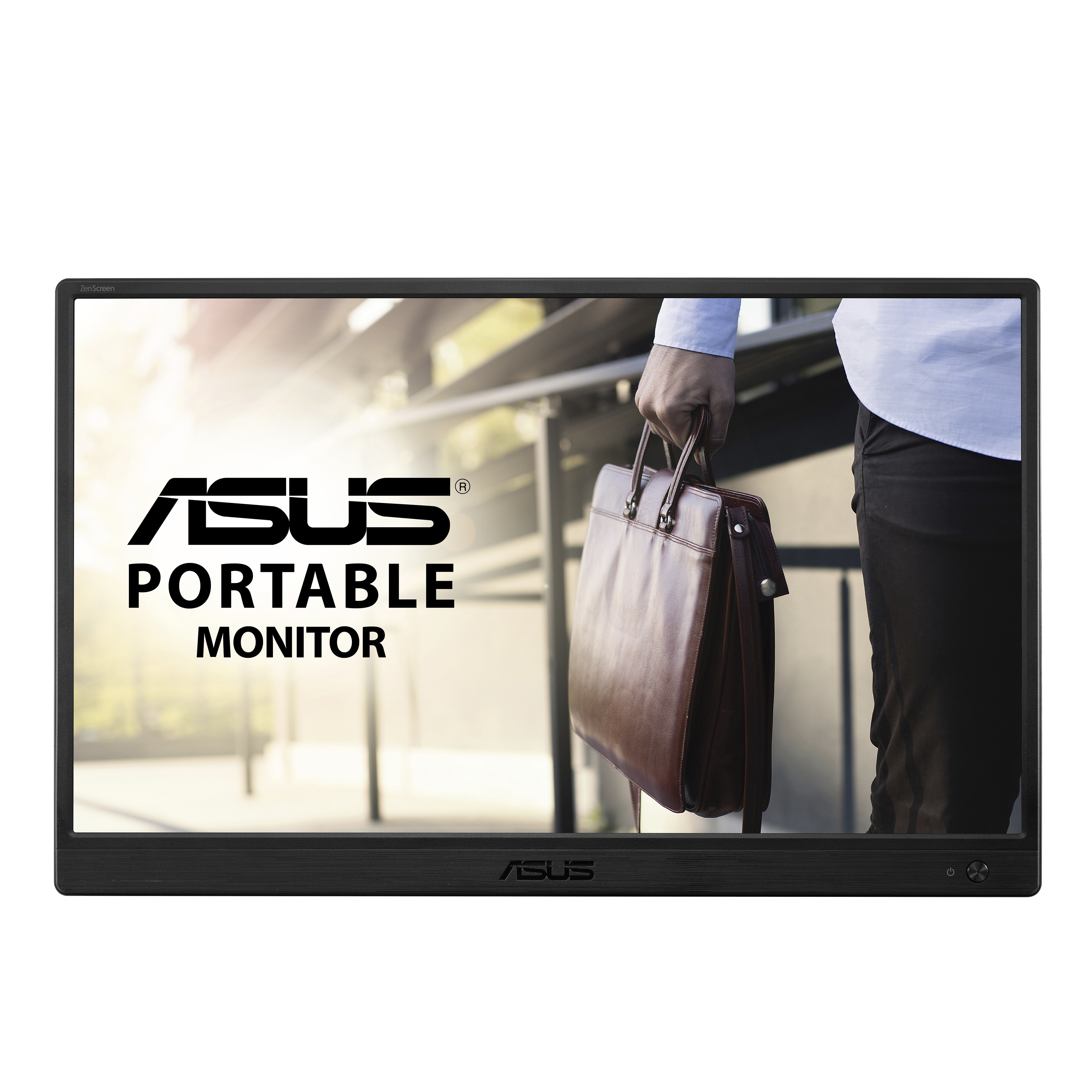 Ein schwarzer tragbarer Monitor mit ASUS-Logo und Text. Ein Mann hält eine Aktentasche.