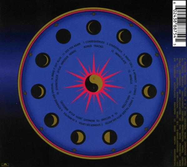 Albumhoes met een blauw klokachtig ontwerp. Verschillende maanfasen rond de cirkel. Yin-Yang symbool.