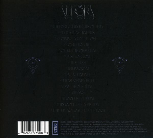 Rückseite eines Aurora-Albumcovers. Eine Titelliste und der Albumtitel sind vor dunklem Hintergrund sichtbar.