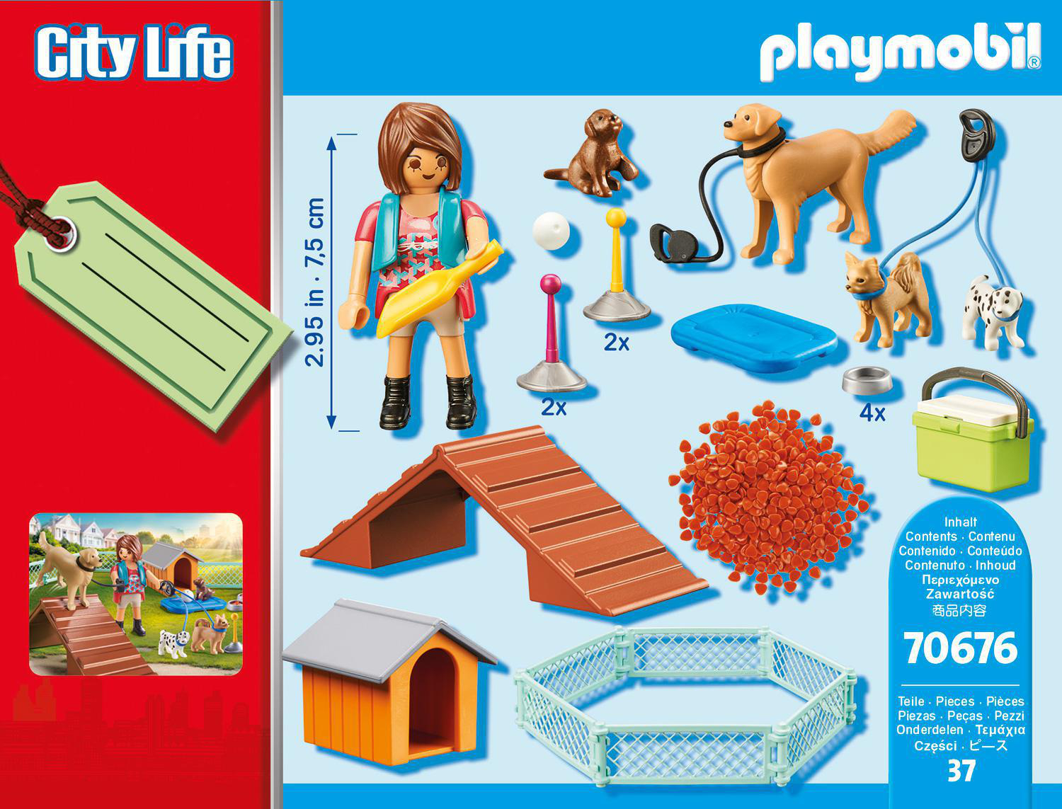 Playmobil City Life Set mit Figur, Hunden, Zubehör und einem Hundehaus, alles auf weißem Hintergrund angeordnet.