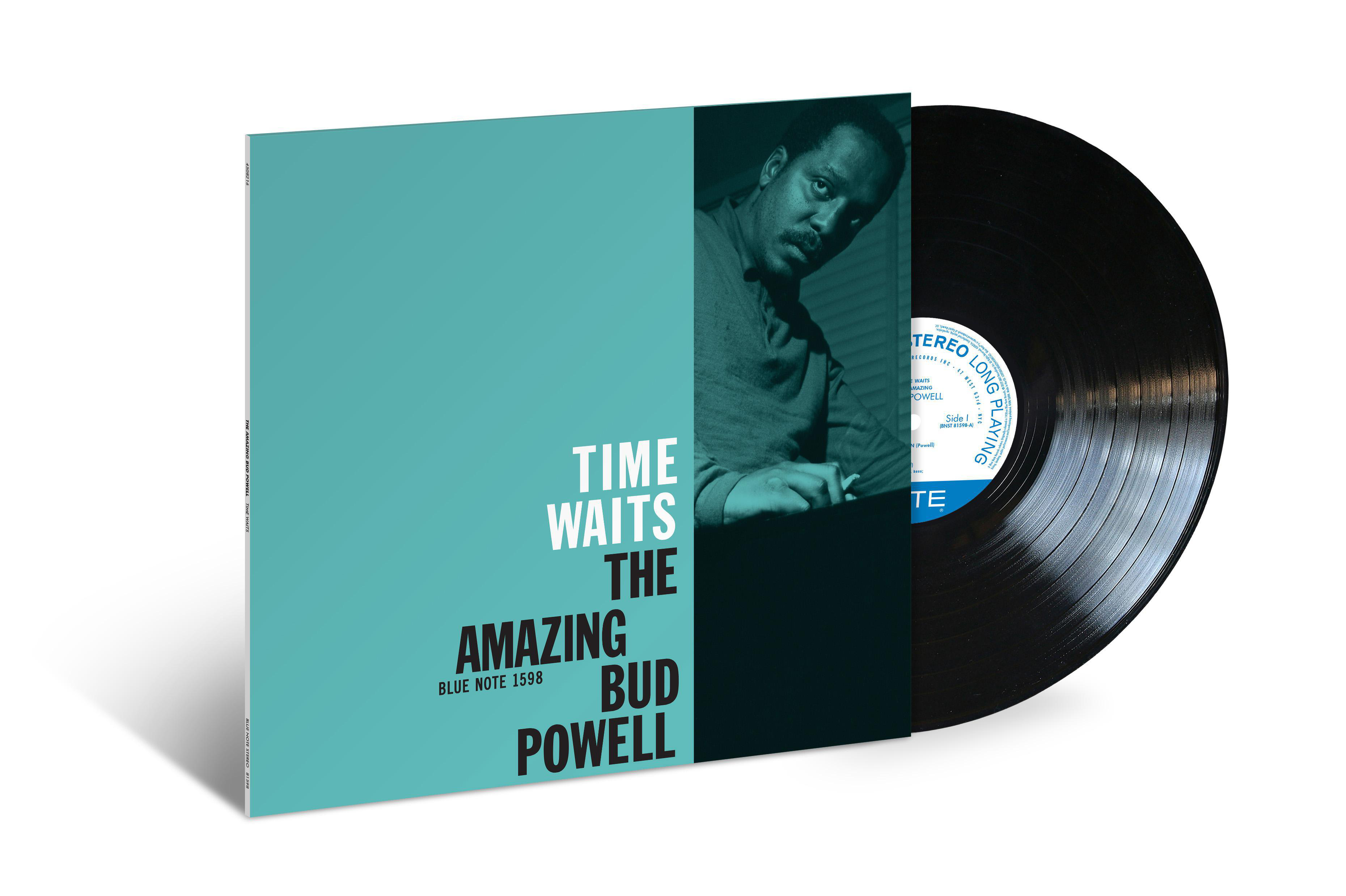 Albumcover, Bud Powell. Blaues Cover mit Bild von Powell und Schallplatte.